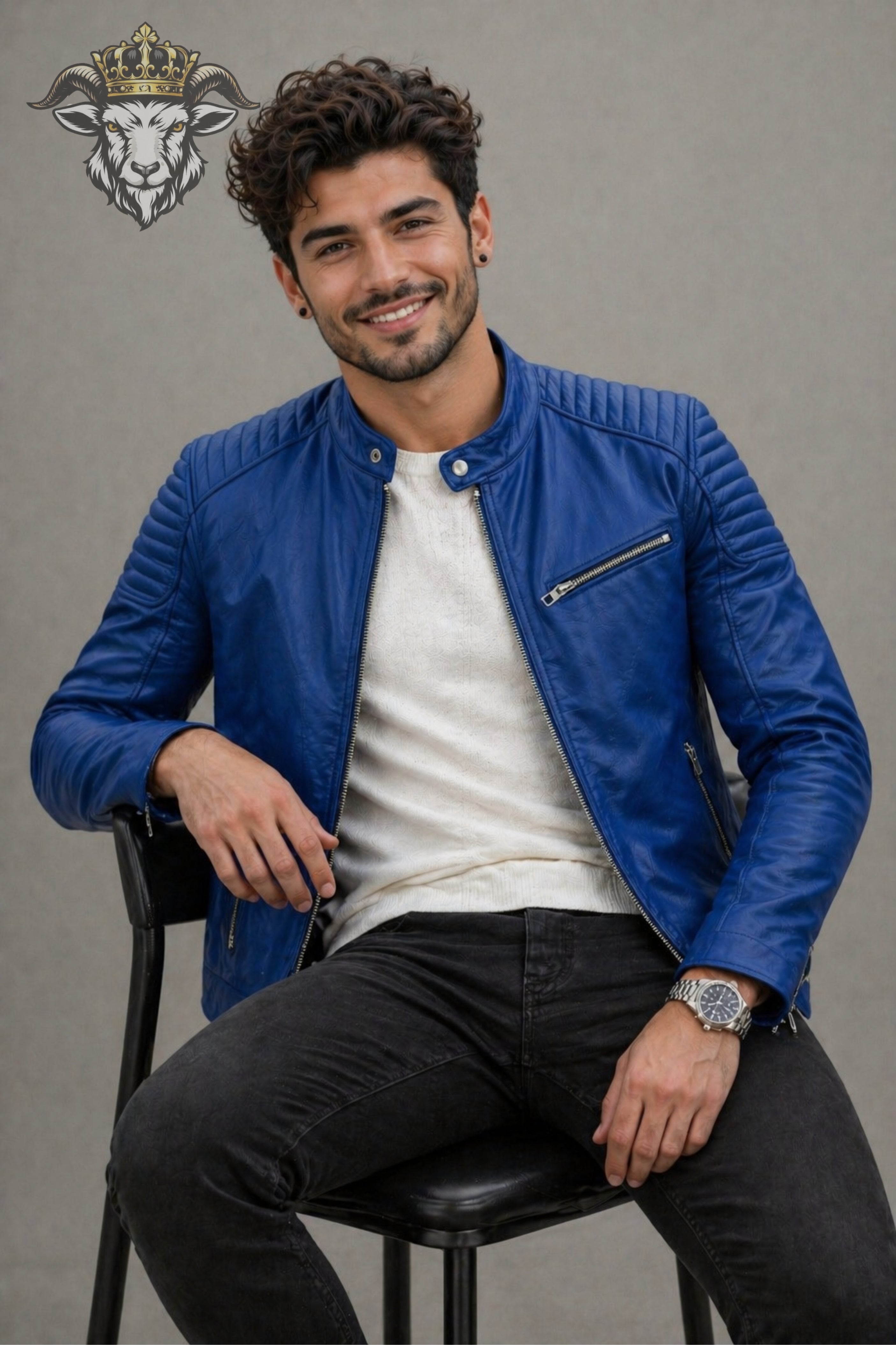 Men’s Royal Blue Real Leather Roadster Jacket