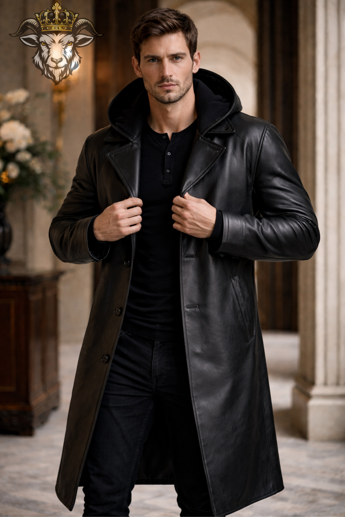 Men's Black Real Leather Hooded Long Coat, Below Knee Leather Trench Coat, Button Closure Winter Overcoat, Gothic Luxury Mens Outerwear