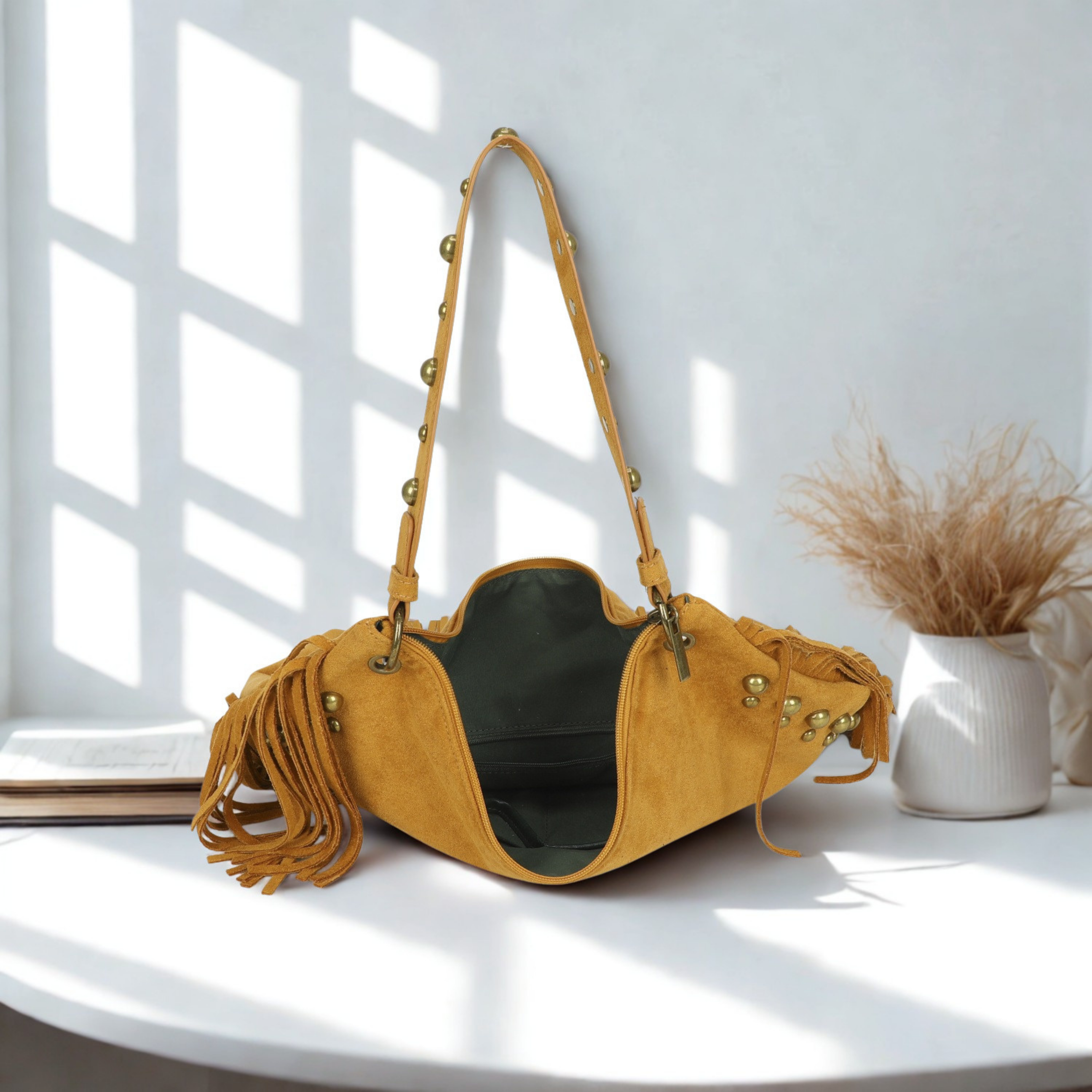Women’s Suede Effect Studded Tassel Hobo Shoulder Bag – Boho Fringe Handbag with Top Zip Closuret
