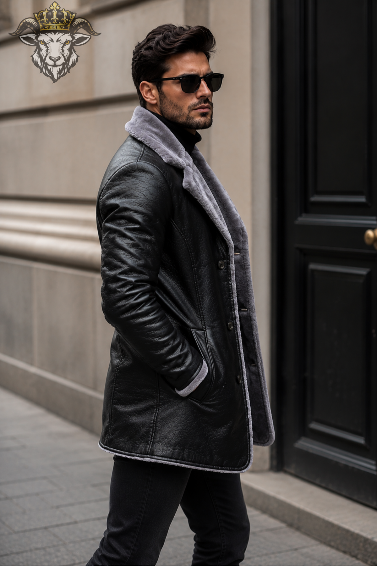 Men’s Black Shearling Leather Coat, Grey Fur Collar Winter Overcoat, Long Leather Jacket, Luxury Biker Trench Coat, Classic Mens Outerwear