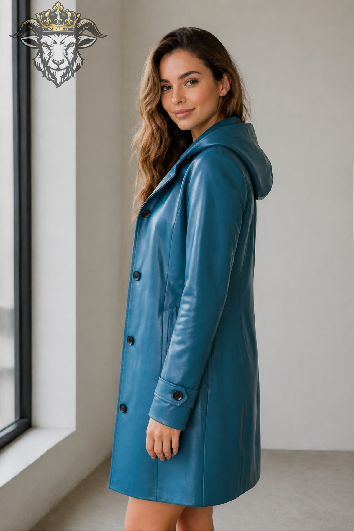 Women's Teal Leather Hooded Trench Coat – Mid-Thigh Long Coat, Stylish Women's Outerwear, Button Front Hooded Coat, Modern Fall Jacket