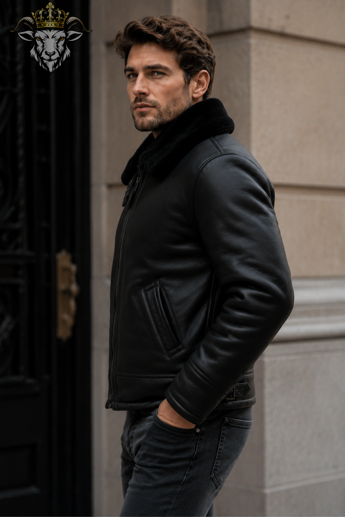 Men's Black Shearling Leather Jacket, Genuine Leather Bomber Jacket, Faux Fur Collar Aviator Jacket, Winter Motorcycle Coat