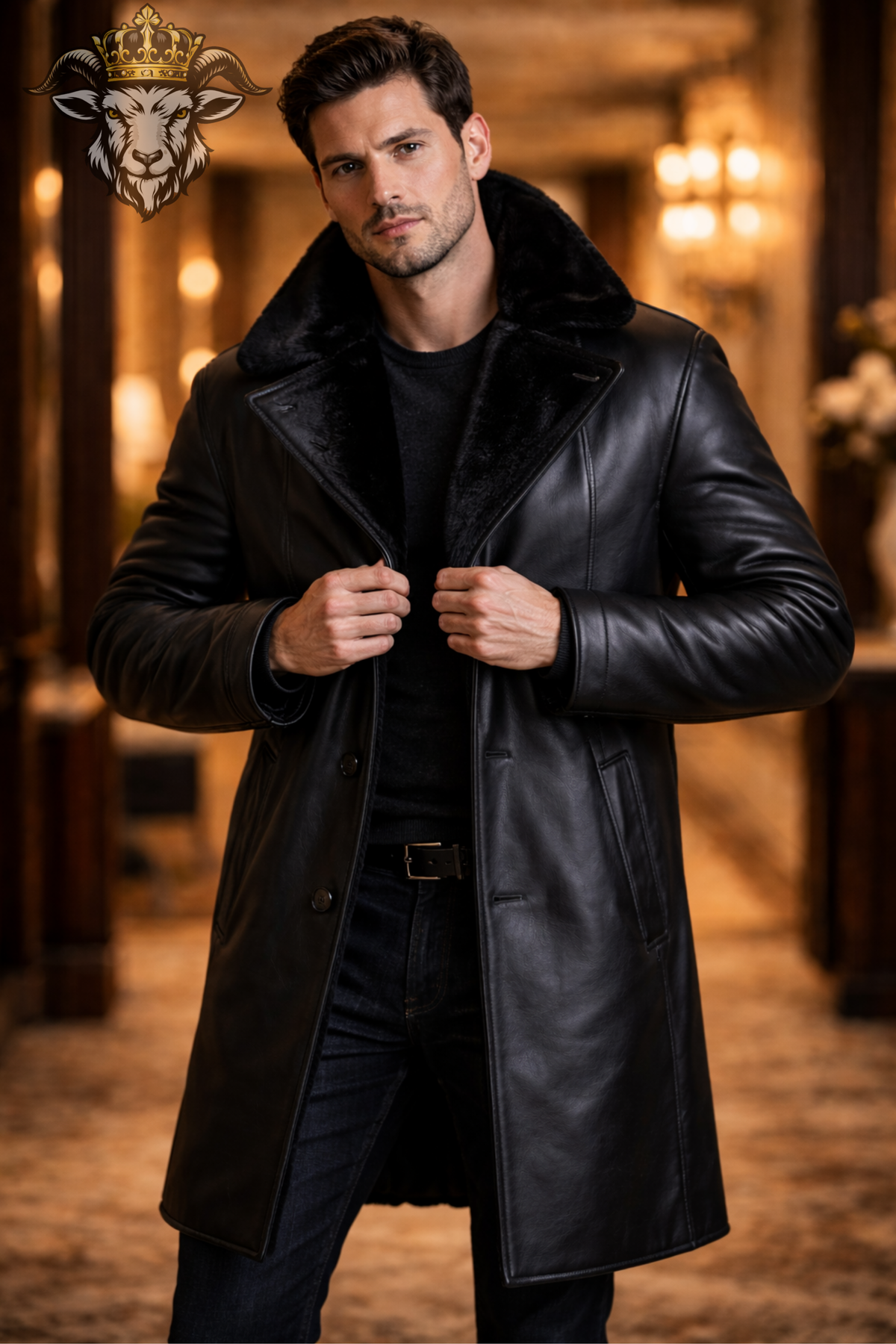Men's Black Leather Long Coat, Genuine Leather Winter Overcoat, Black Fur Collar Trench Coat, Luxury Button Front Jacket for Men