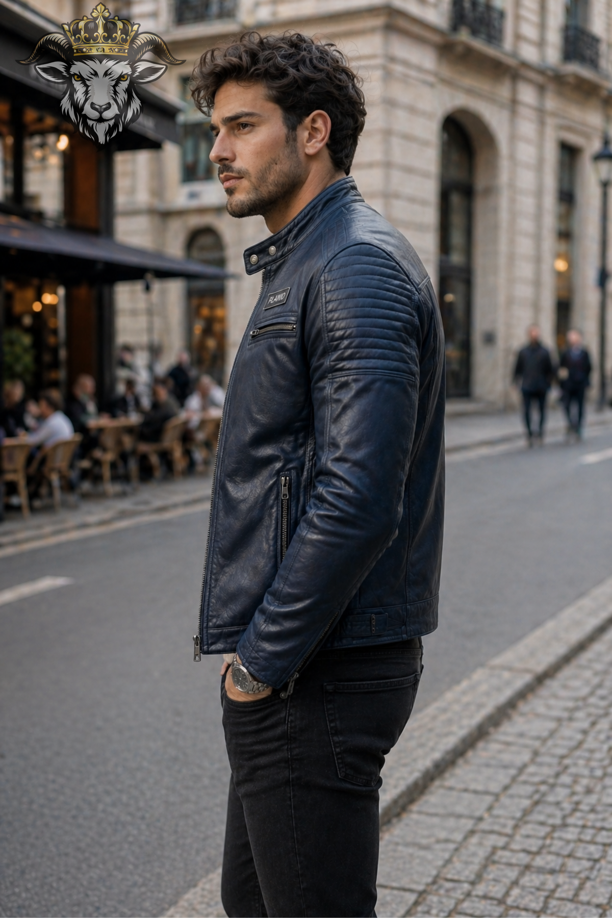 Men's Navy Blue Real Leather Biker Jacket, PLANIO Quilted Cafe Racer Moto Jacket, Slim Fit Motorcycle Outerwear, Zip Pocket Jacket