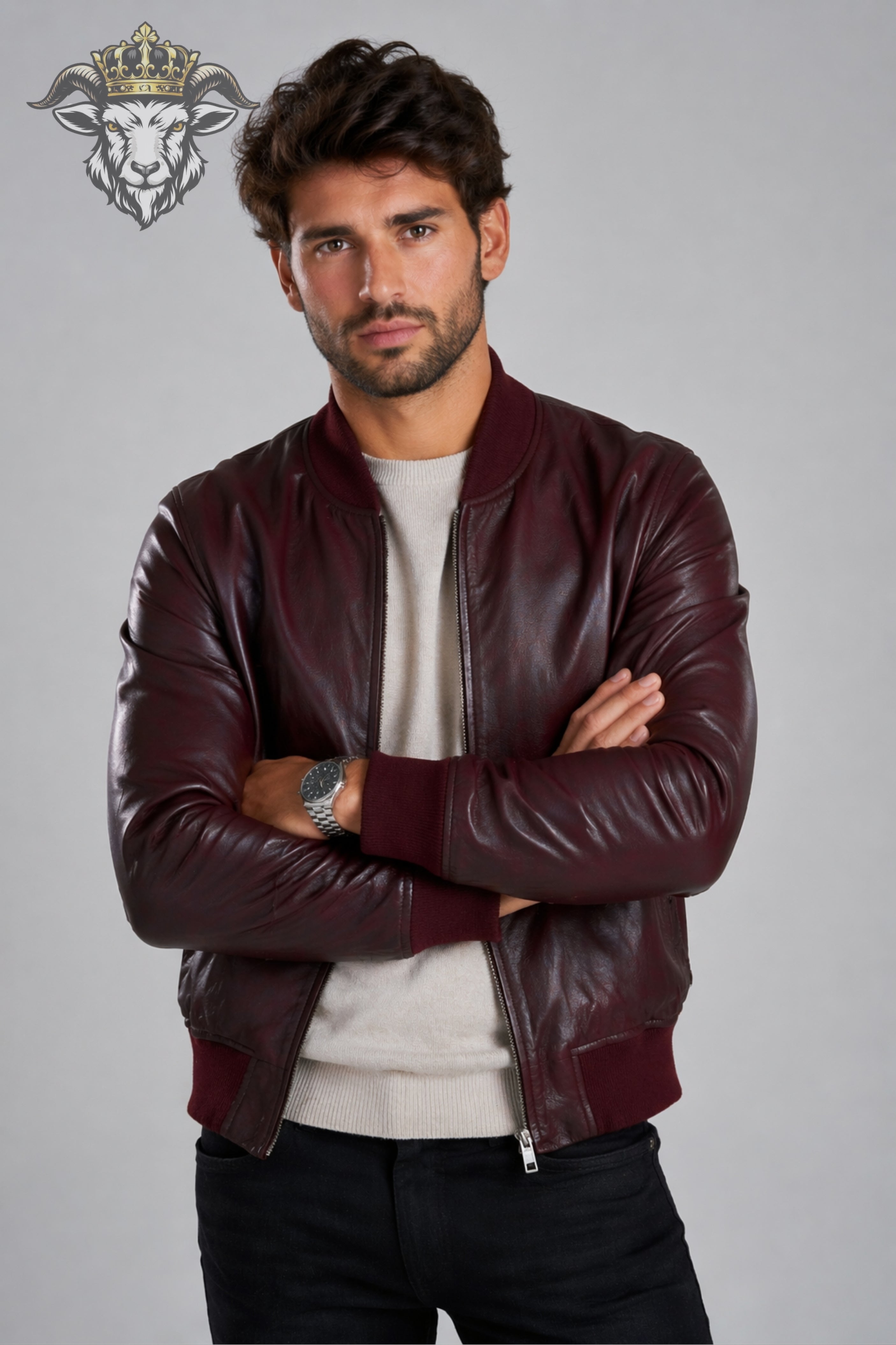 Men’s Burgundy Real Leather Bomber Jacket