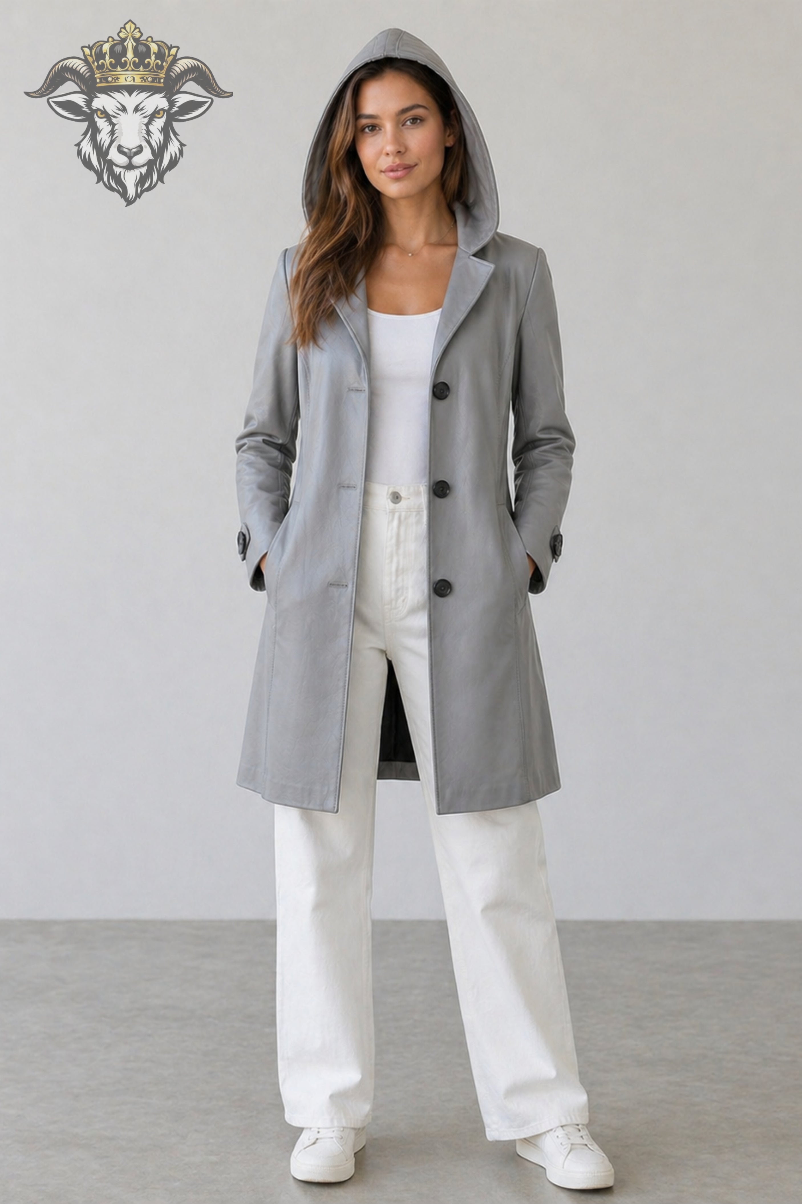 Women’s Grey Real Leather Hooded Coat