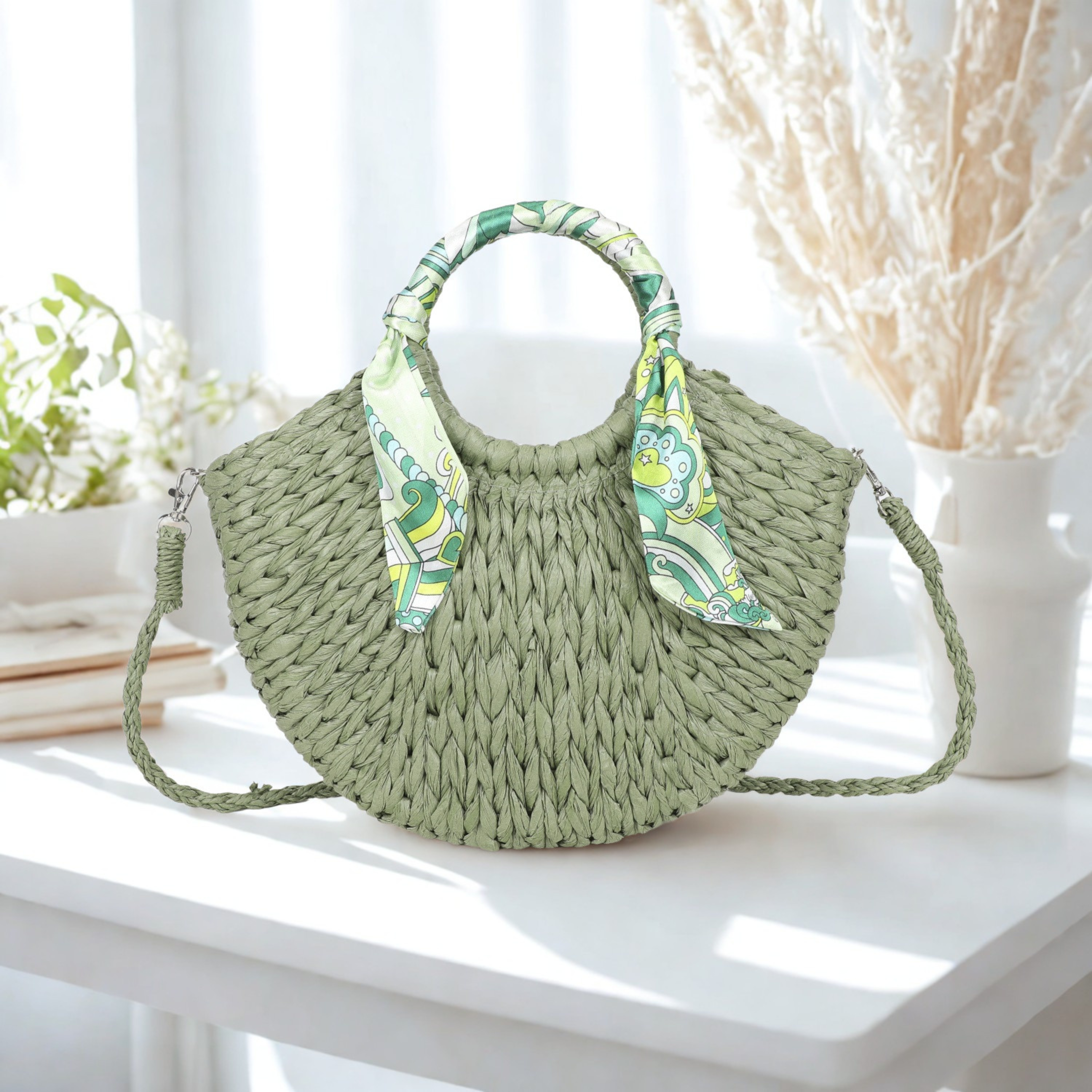Women’s Synthetic Handbag with Detachable Strap & Scarf – Zip Top Closure Multiway Crossbody Shoulder Bag