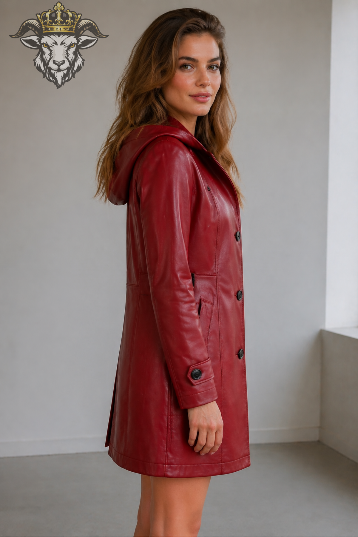 Women's Burgundy Leather Hooded Coat – Premium Tailored Long Jacket with Black Buttons