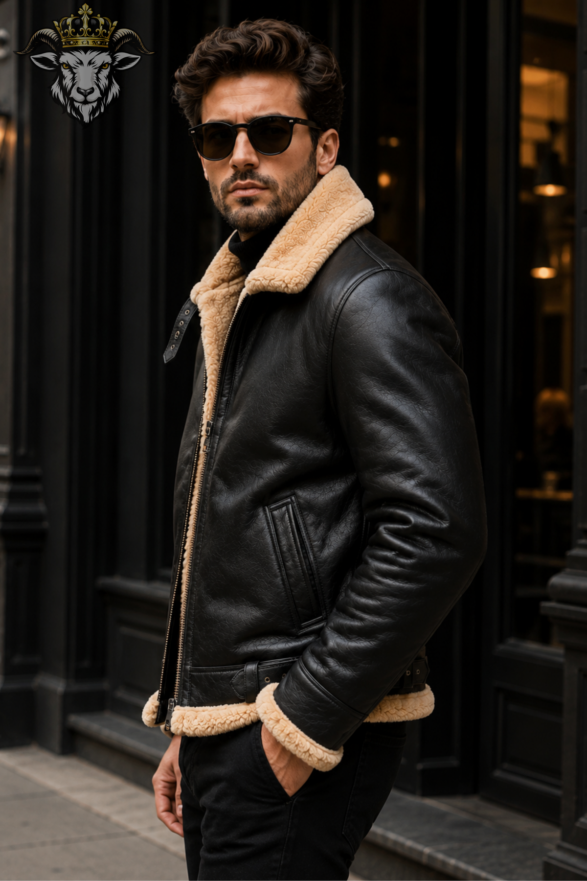 Men’s Black Shearling Leather Jacket, Genuine Leather Aviator Jacket, Fur Lined Winter Bomber Coat, B3 Flight Jacket for Men
