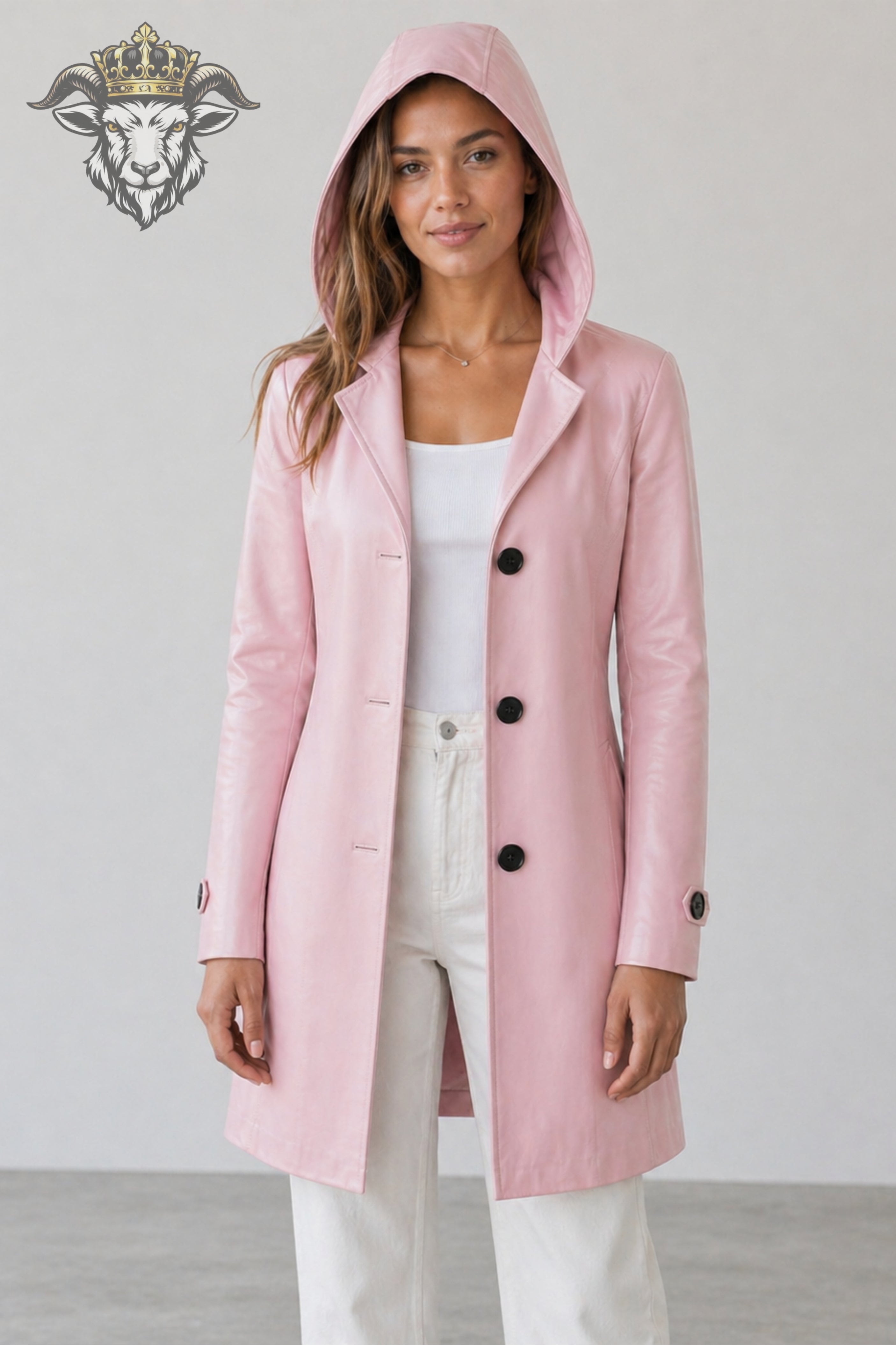 Women’s Baby Pink Real Leather Hooded Coat