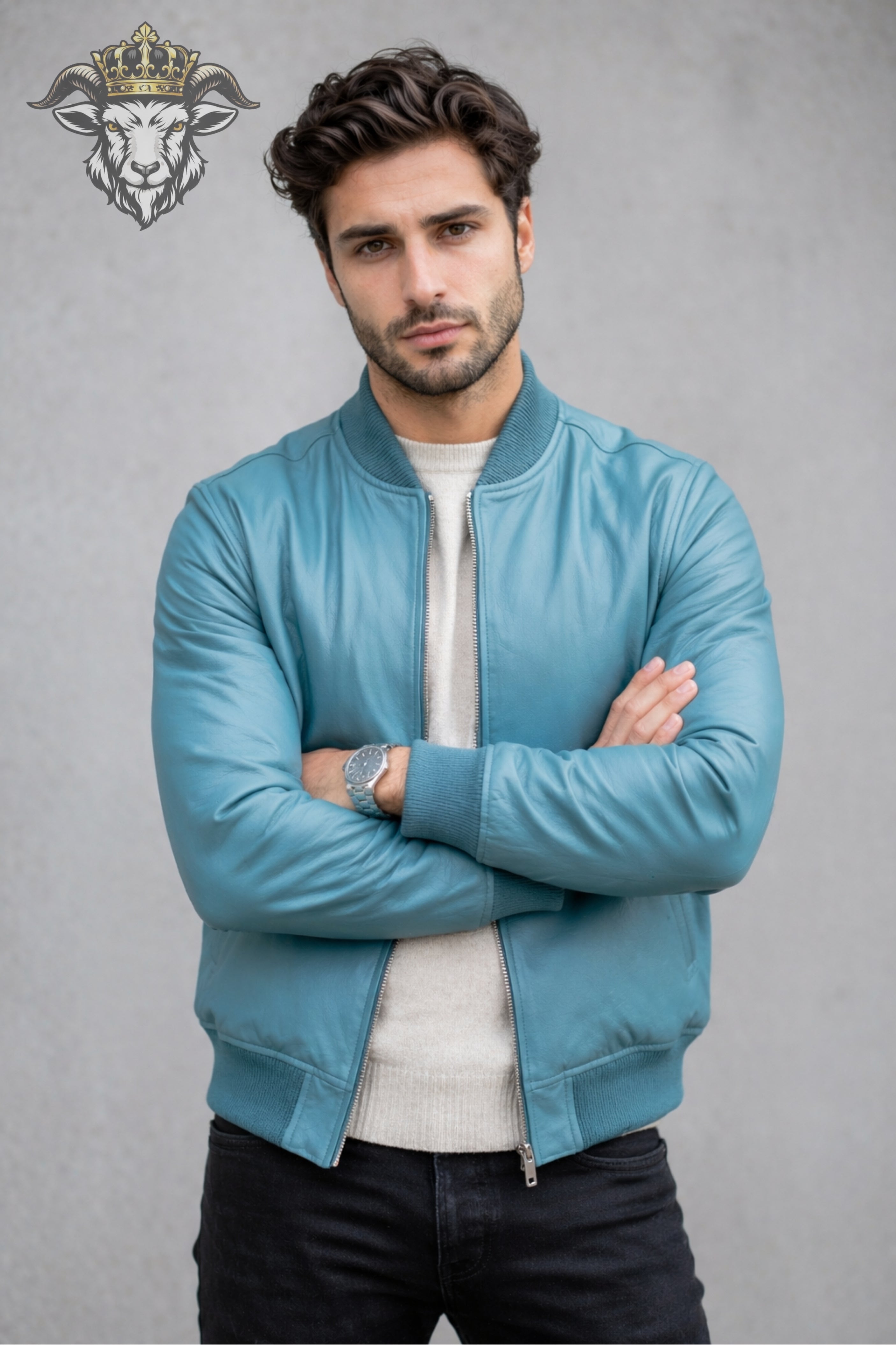 Men’s Cyan Real Leather Bomber Jacket
