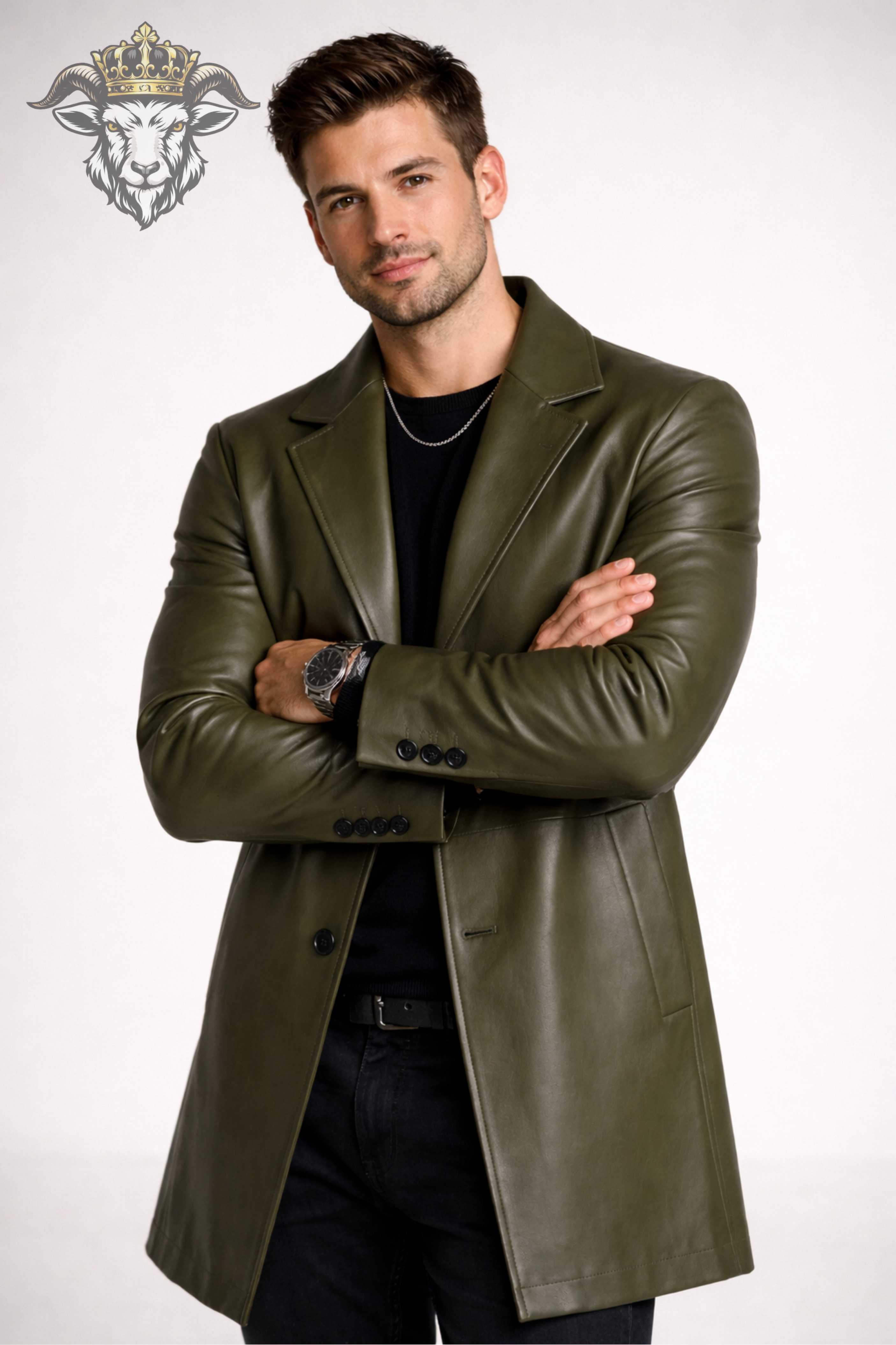 Men’s Olive Green Real Leather Coat – Mid-Thigh Premium Leather Overcoat | Slim Fit Classic Lapel Winter Jacket for Men