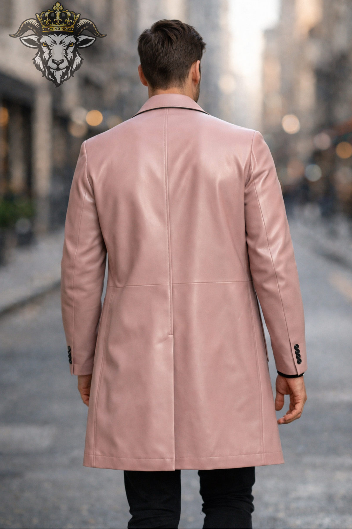 Men's Pink Leather Overcoat, Tailored Long Coat, 3 Button Lapel Jacket, Modern Slim Fit Statement Outerwear