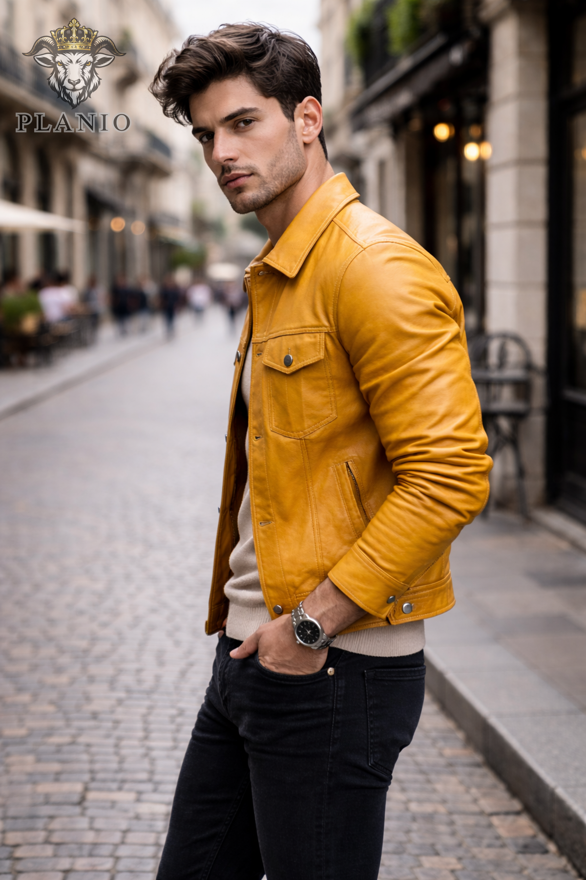 Men's Yellow Leather Trucker Jacket, Slim Fit Real Leather Jacket, Button Front Moto Style Coat, Vintage Casual Streetwear Jacket