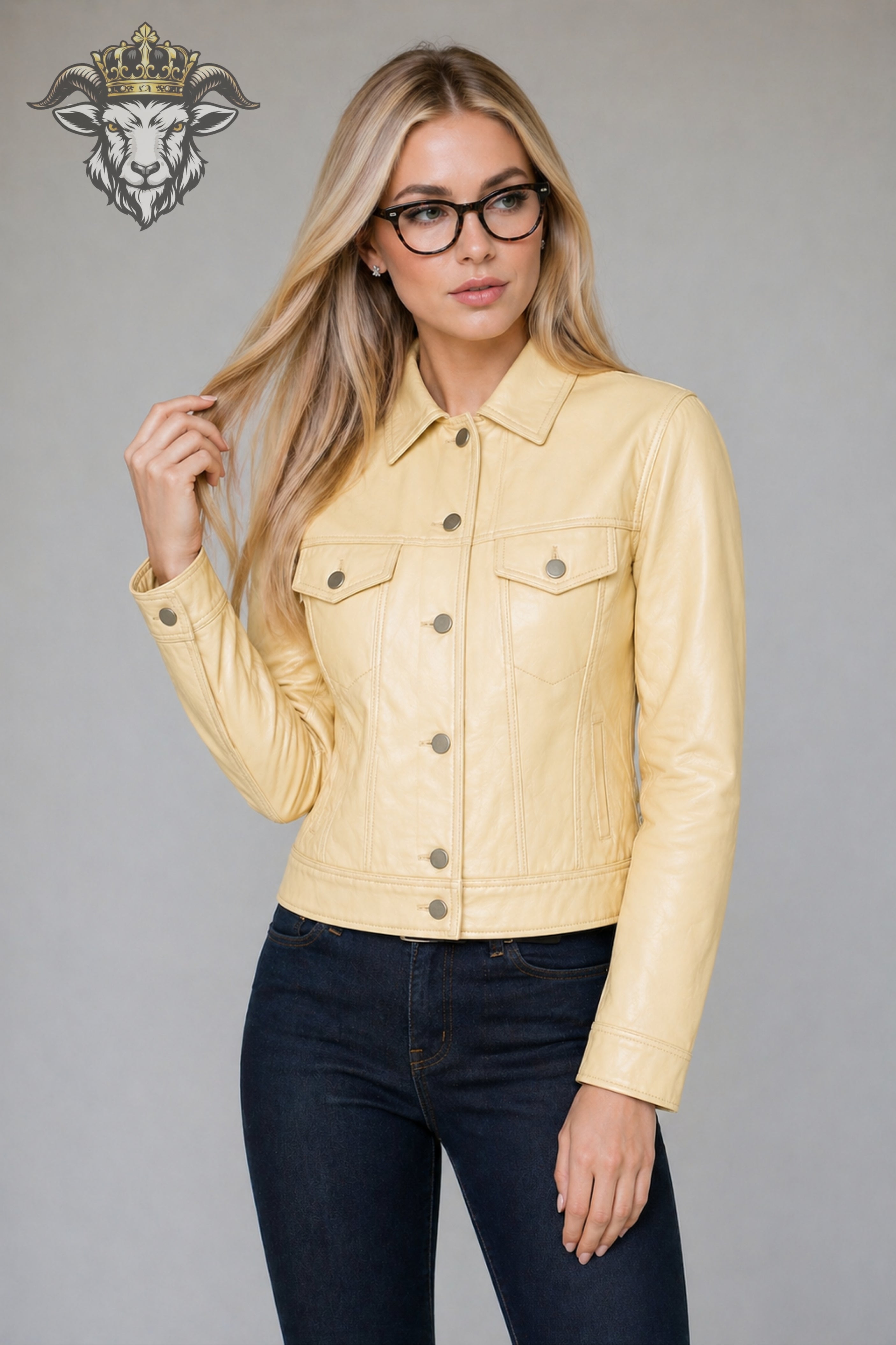Women’s Pale Yellow Real Leather Trucker Jacket