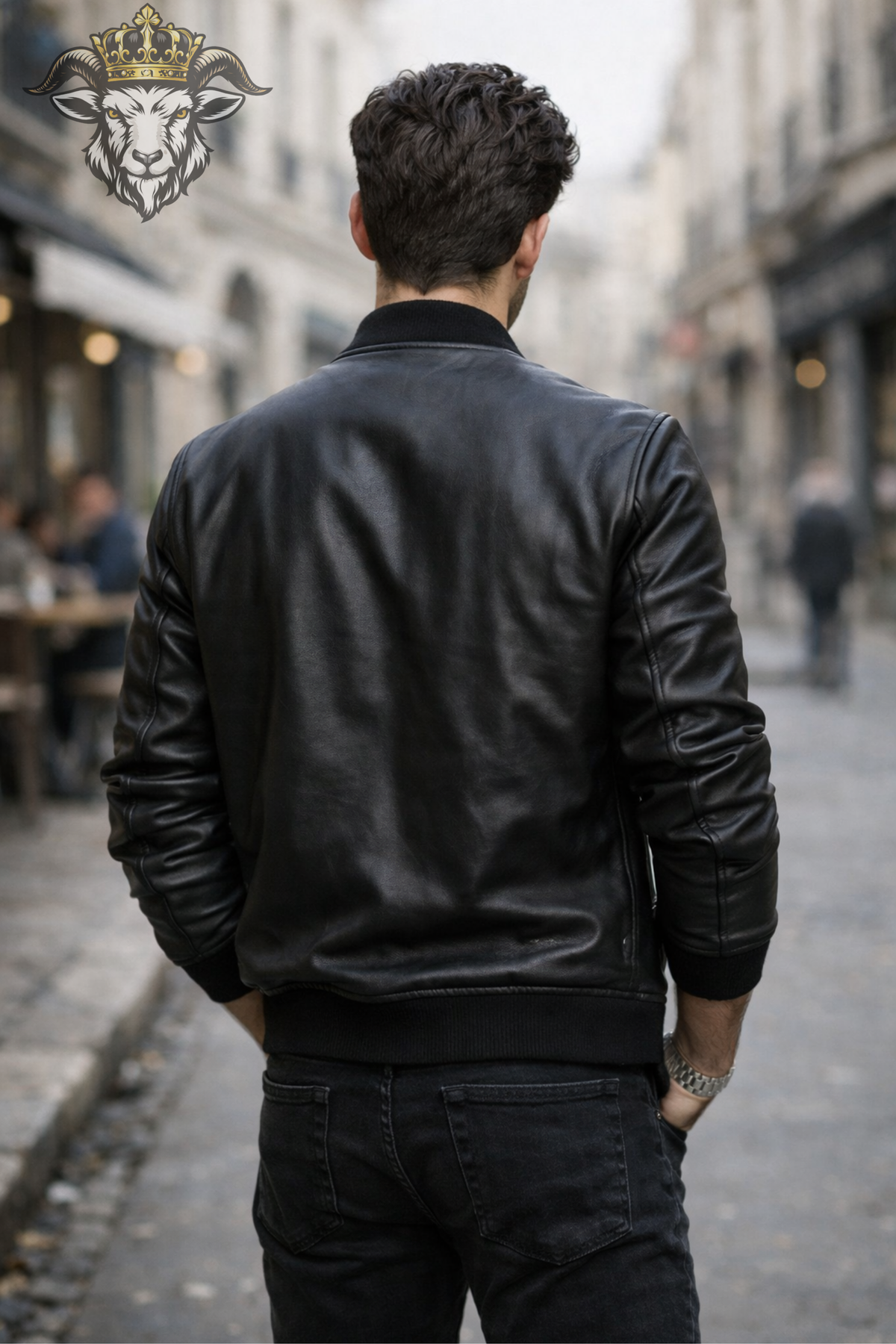 Men’s Black Leather Bomber Jacket | Classic Zip-Up Jacket | Ribbed Collar Outerwear | Modern Urban Streetwear