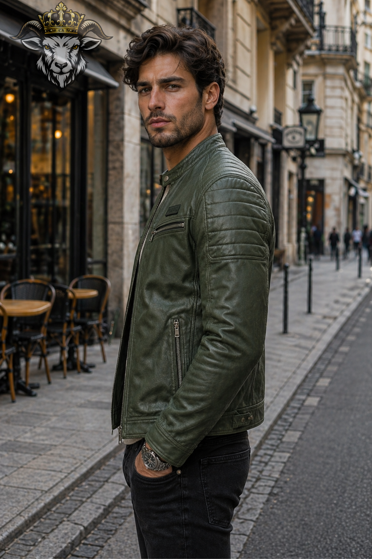 Men’s Olive Green Real Leather Biker Jacket – Slim Fit Café Racer Moto Jacket with Quilted Shoulders & Zip Pockets