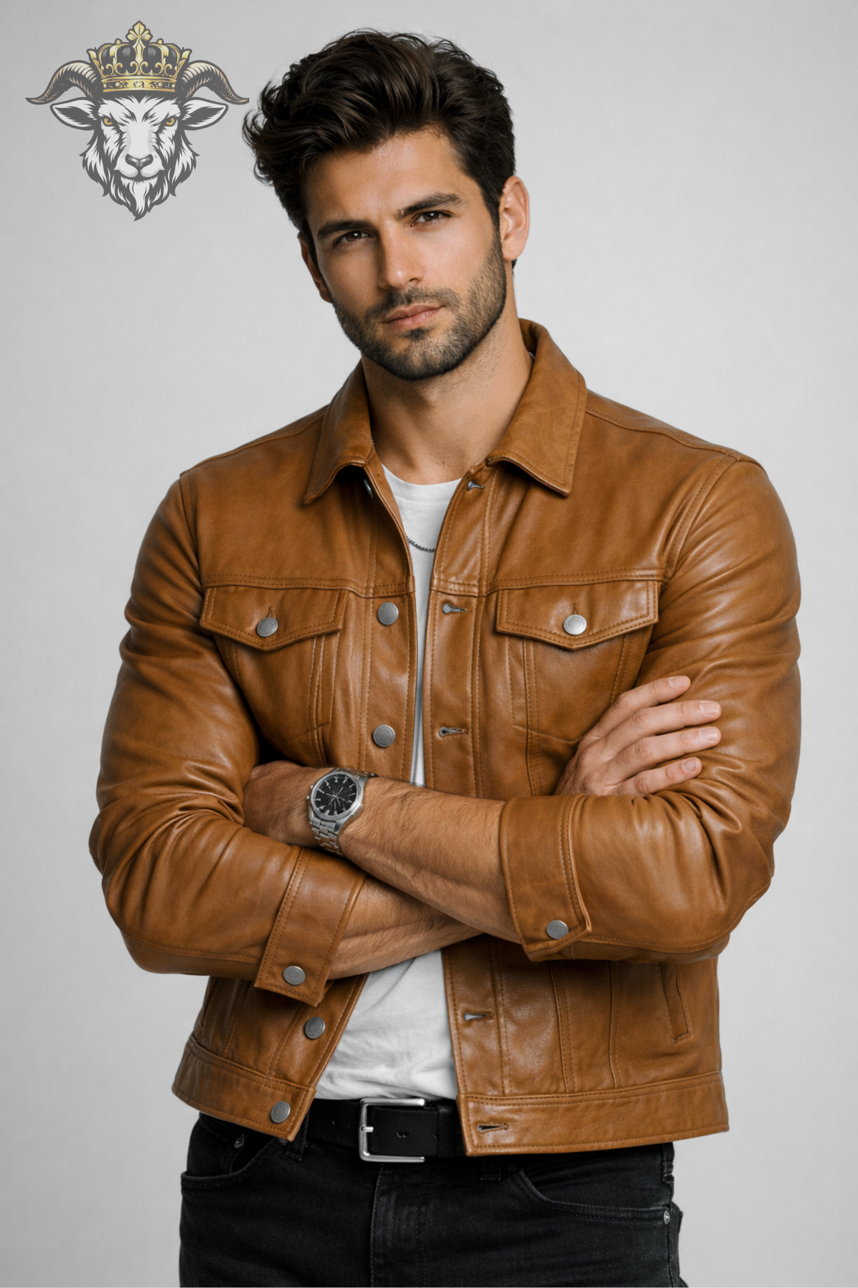 Men’s Tan Real Leather Trucker Jacket