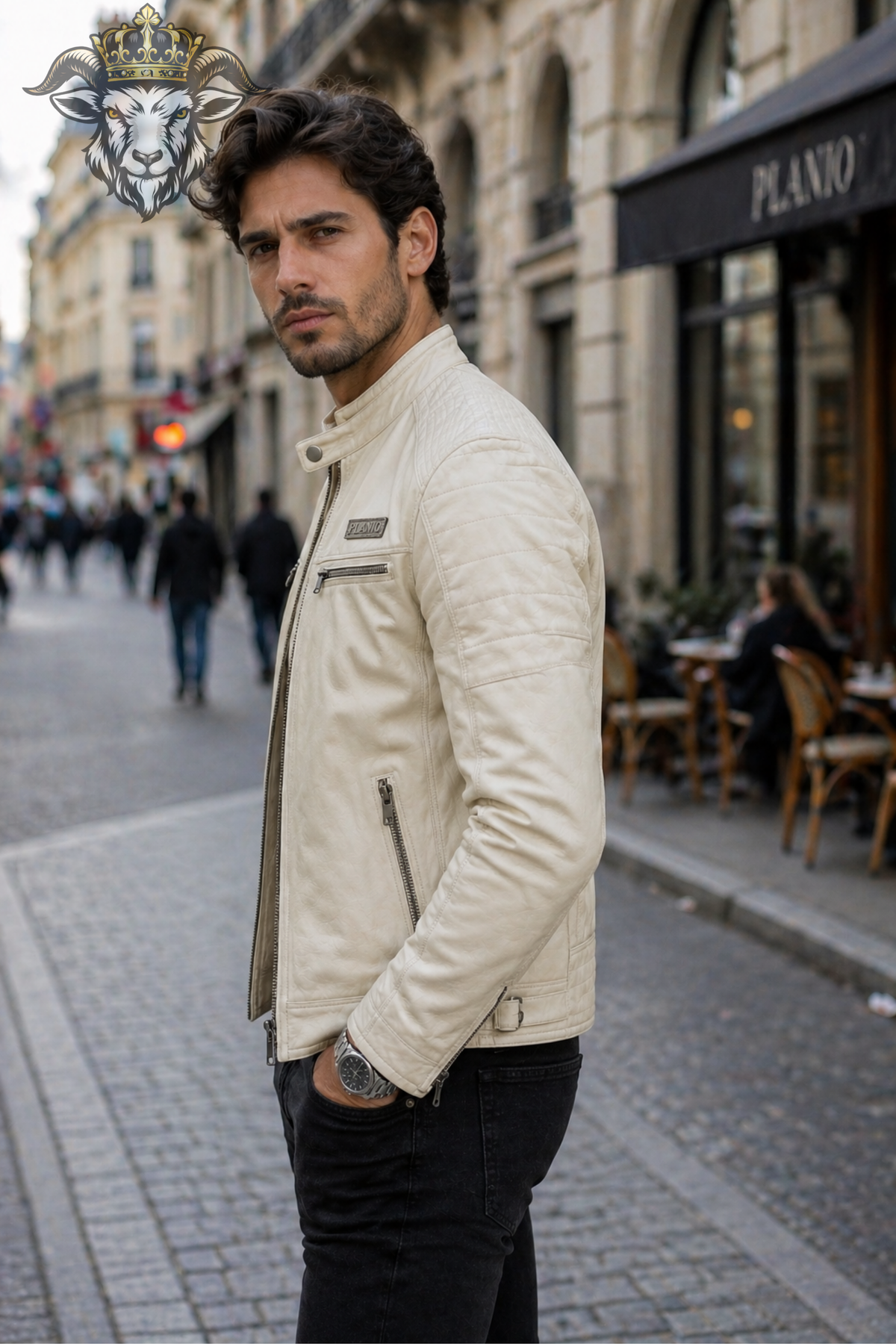 Men's Cream Real Leather Biker Jacket, Slim Fit Cafe Racer Moto Jacket, PLANIO Quilted Motorcycle Jacket, Zip Pocket Outerwear