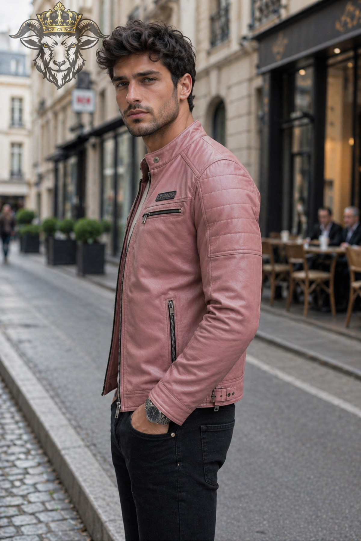 Men's Pink Real Leather Biker Jacket, PLANIO Slim Fit Moto Jacket, Stand Collar Cafe Racer Jacket, Quilted Shoulder Streetwear