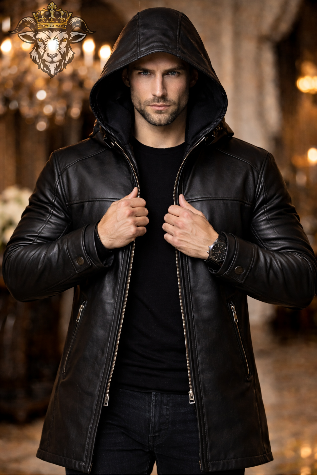 Men’s Black Genuine Leather Hooded Long Coat, Above Knee Winter Jacket, Zip Front Biker Trench Coat, Stylish Gothic Outerwear