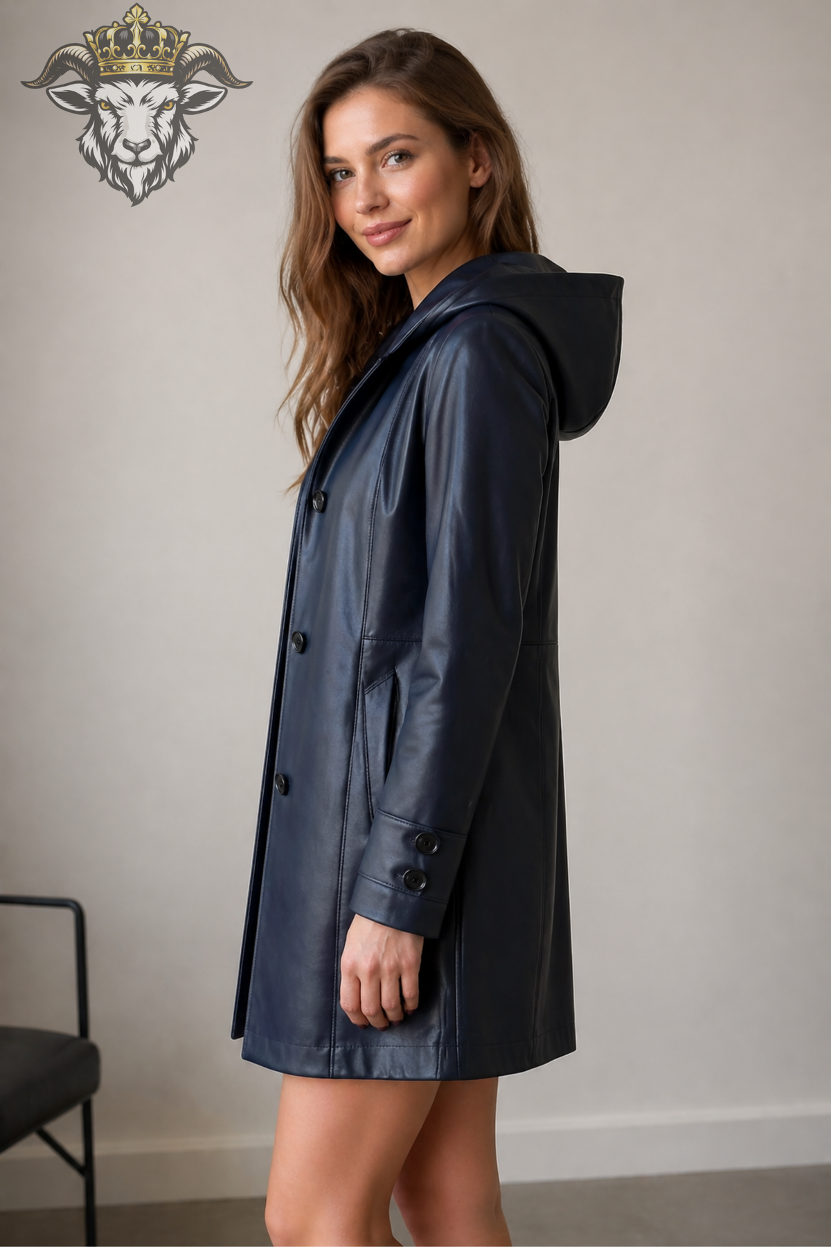 Women’s Navy Blue Hooded Leather Coat – Premium Long Tailored Jacket with Black Buttons, Elegant Winter Outerwear
