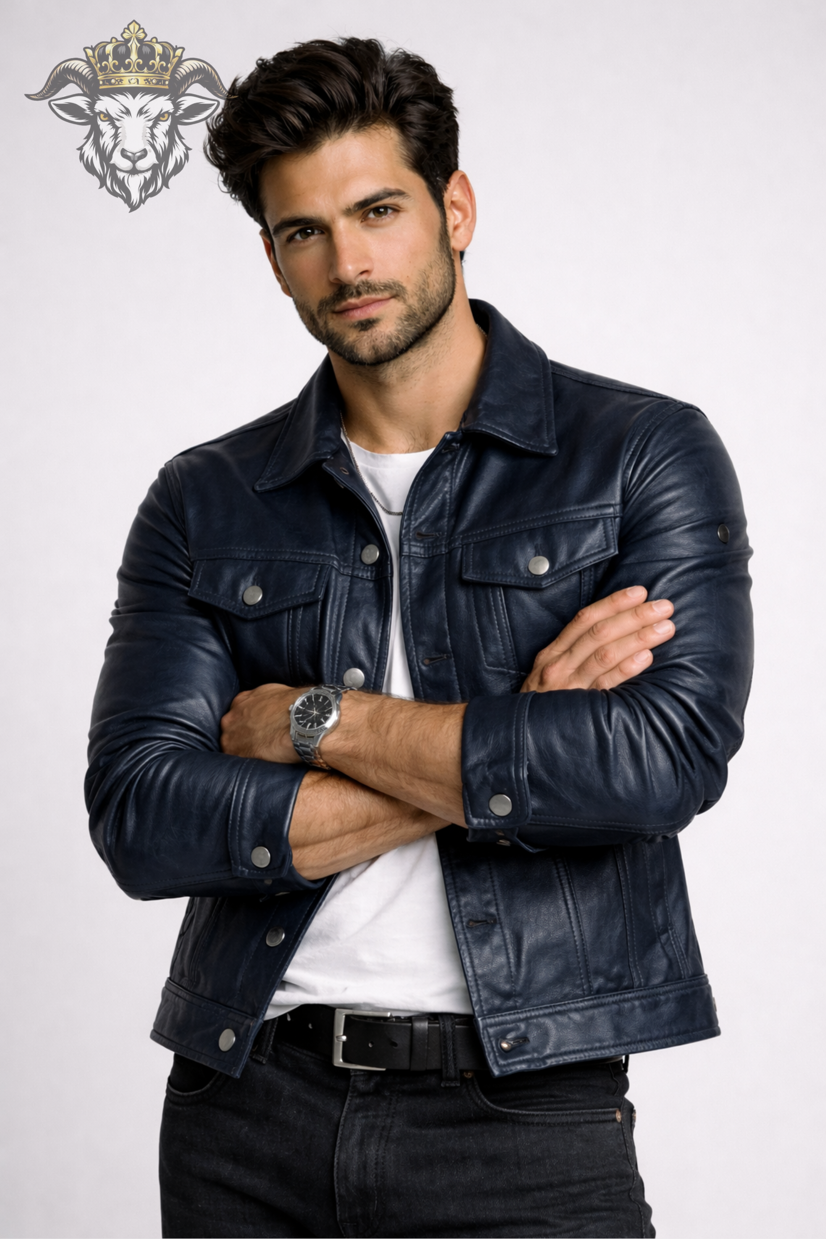 Men’s Indigo Real Leather Trucker Jacket