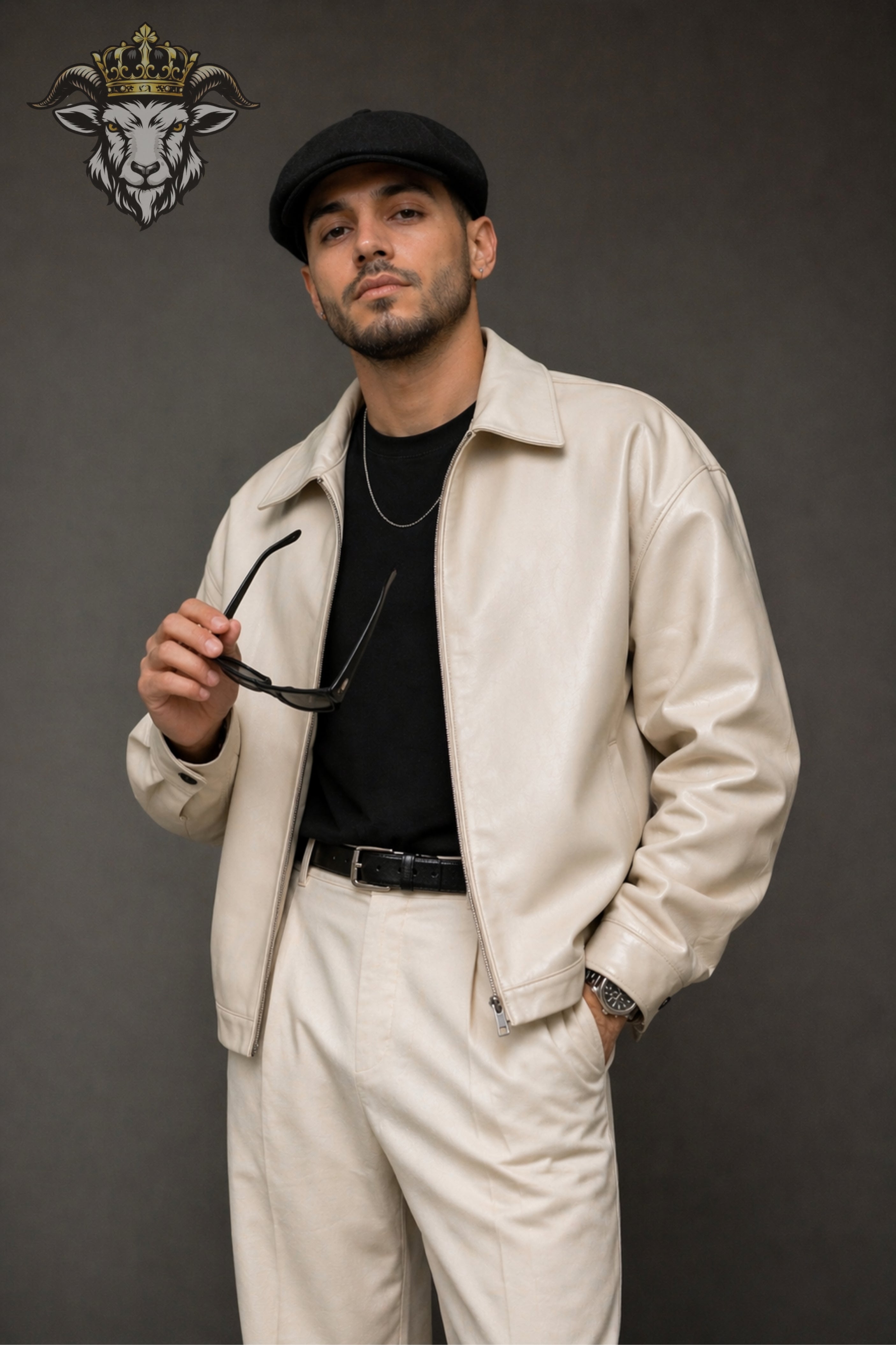 Cream Oversize Real Leather Bomber Jacket for Men