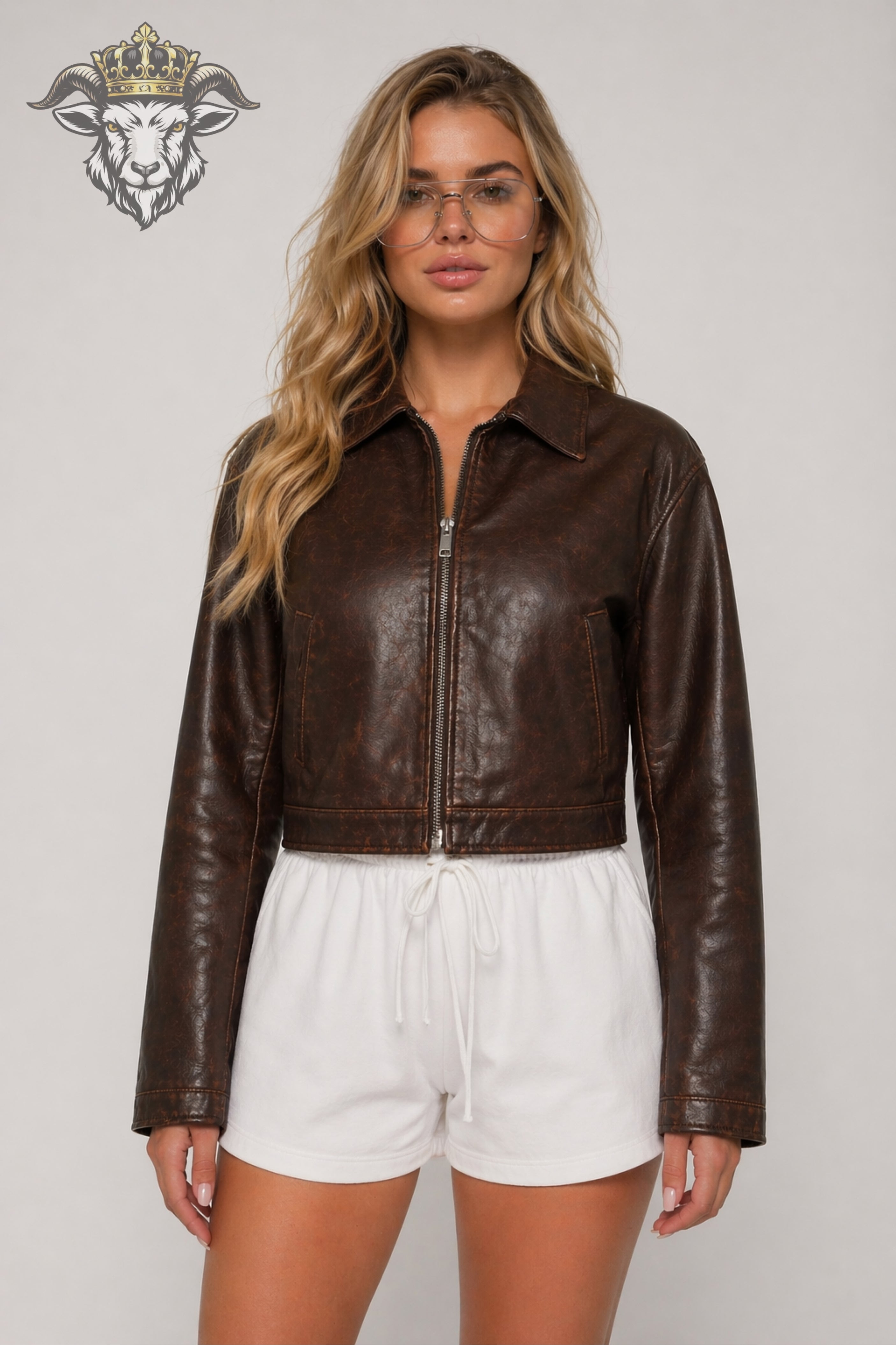 Women’s Distress Brown Real Leather Cropped Jacket