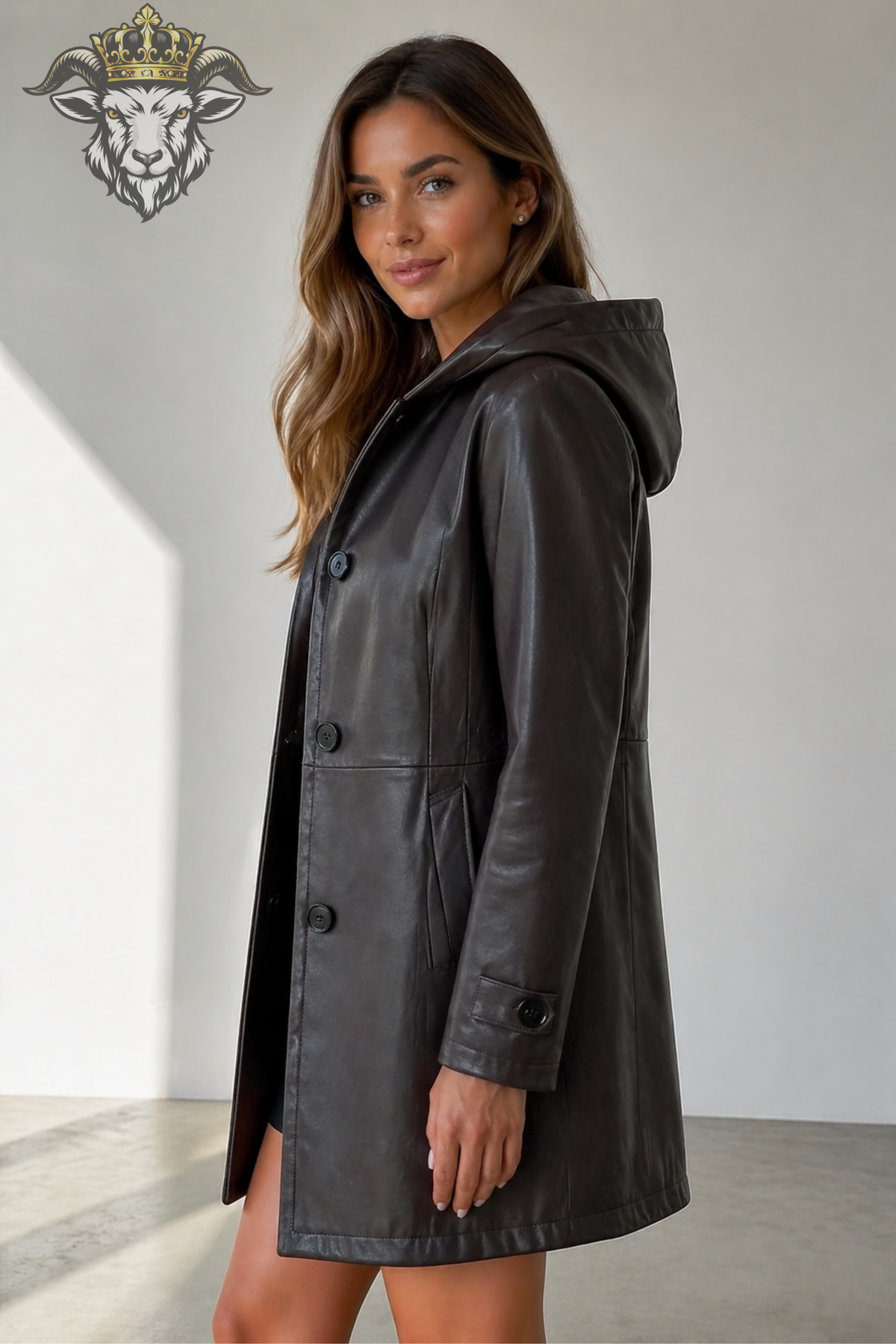 Women's Charcoal Leather Hooded Coat, Mid-Thigh Leather Jacket, Button Front Hooded Outerwear, Tailored Winter Coat, Elegant Minimalist Jacket