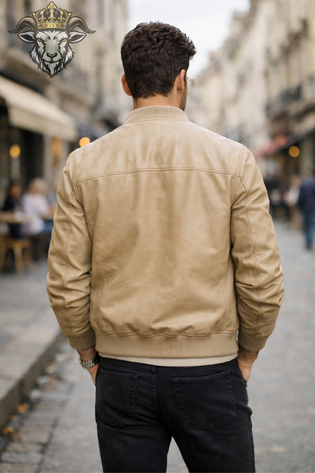 Beige Leather Bomber Jacket for Men, Slim Fit Neutral Jacket, Ribbed Collar Zip Up Outerwear, Minimalist Casual Streetwear