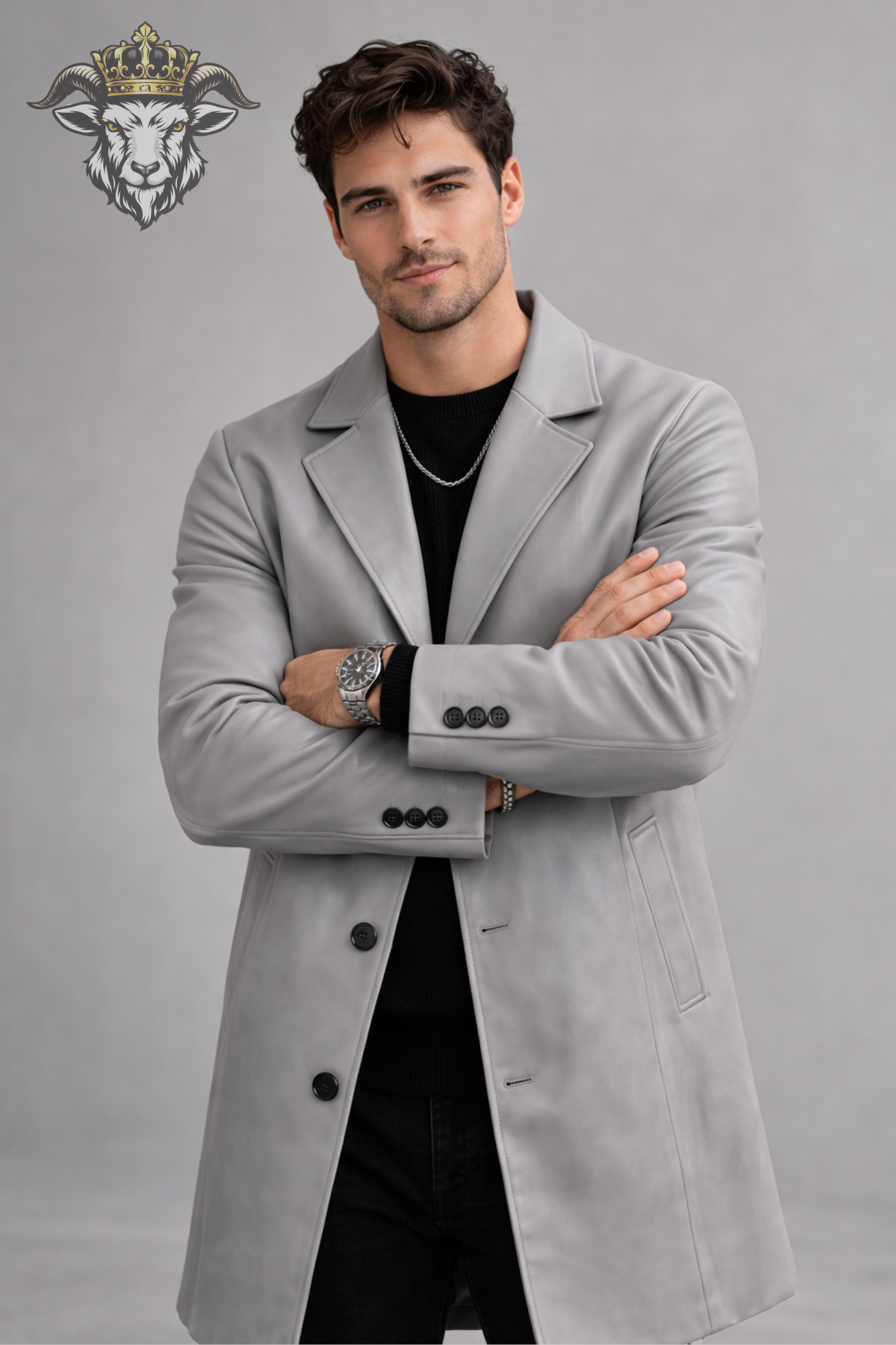 Men’s Light Grey Real Leather Coat – Mid-Thigh Premium Tailored Overcoat | Modern Slim Fit Jacket with Black Buttons