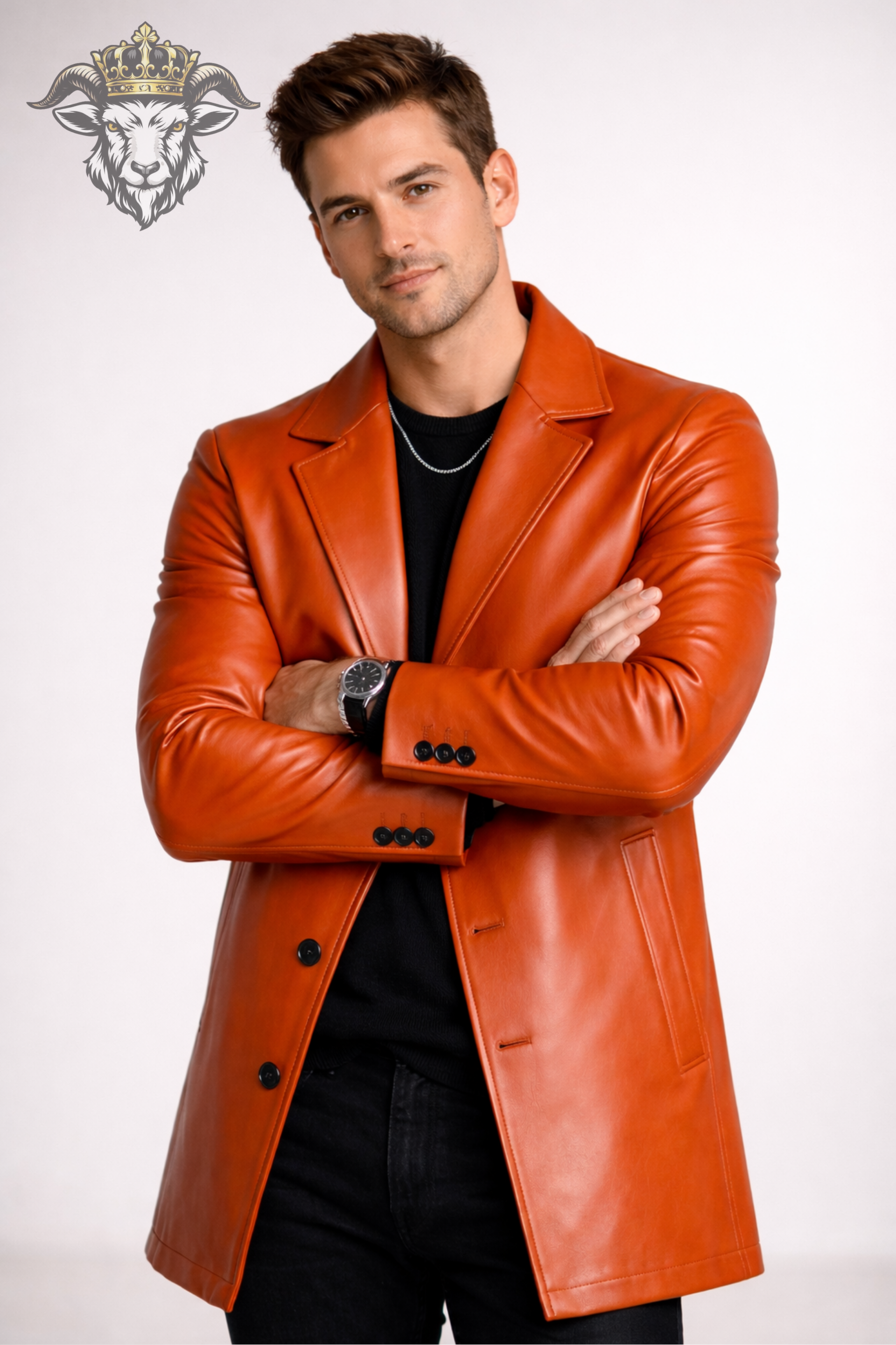 Men’s Orange Real Leather Coat – Mid-Thigh Premium Tailored Overcoat with Matte Finish | Modern Slim Fit Designer Jacket