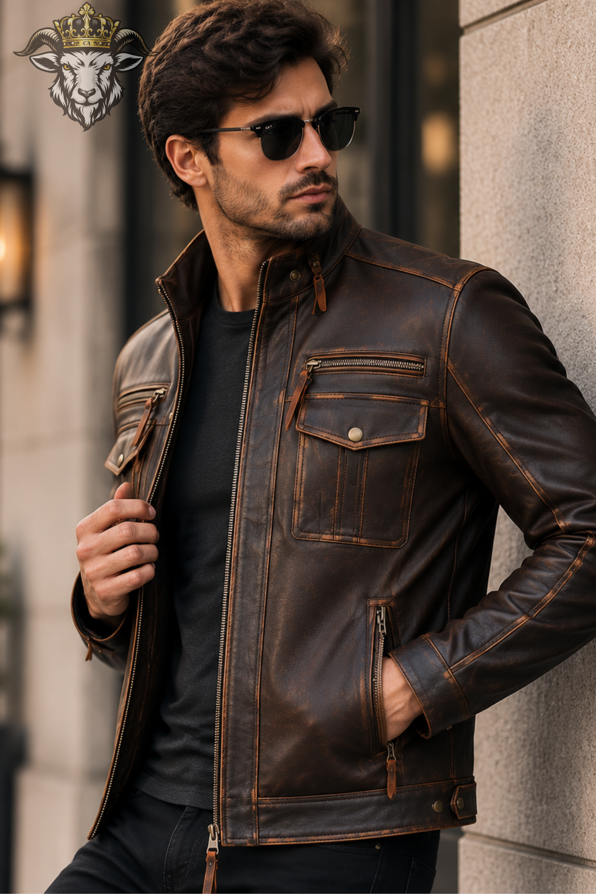 Men's Brown Real Leather Jacket – Vintage Style Biker Jacket, Stand Collar Moto Jacket, Casual Motorcycle Jacket for Men