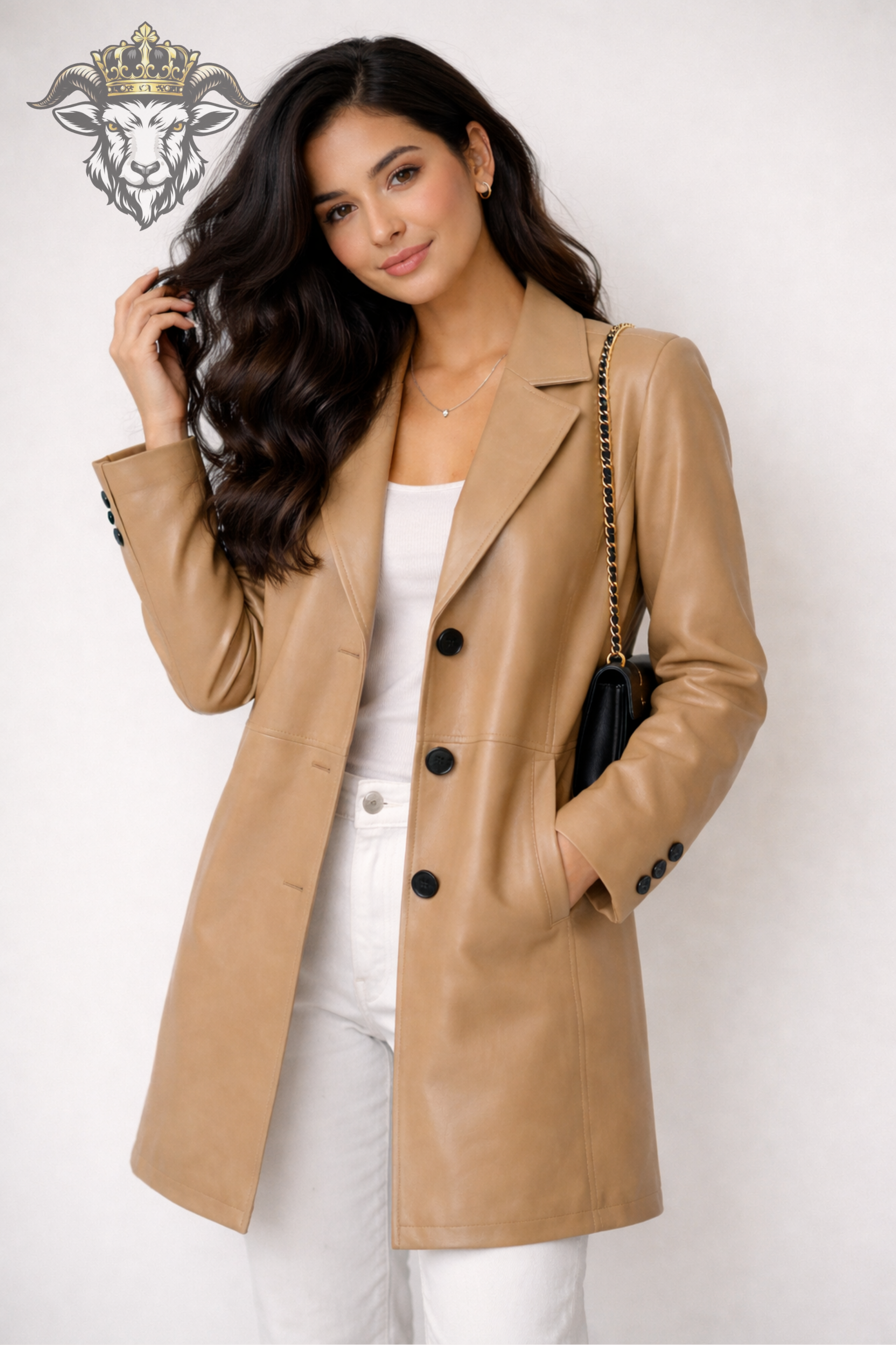 Women’s Beige Real Leather Mid-Length Coat