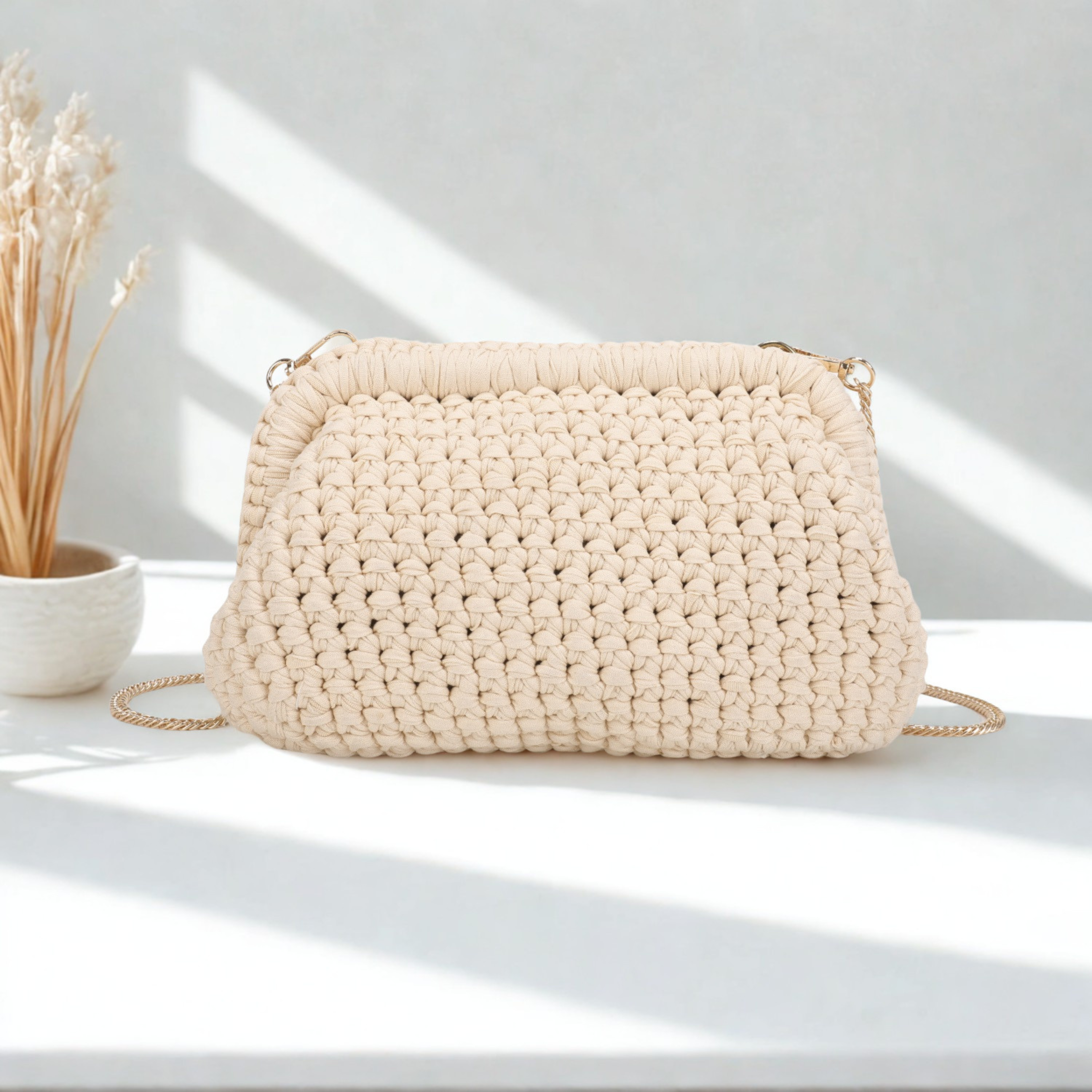 Ladies Crochet Crossbody Clutch Bag Gold Chain Snap Evening Shoulder Handbag