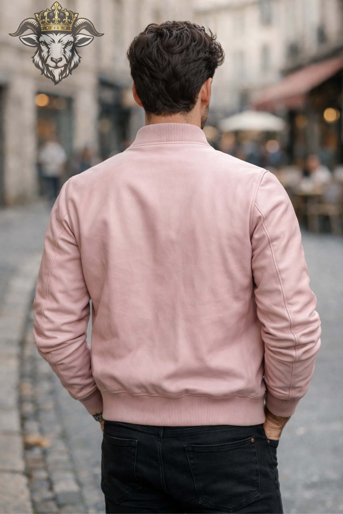 Men's Pink Leather Bomber Jacket, Soft Leather Zip Jacket, Ribbed Collar Casual Streetwear Jacket, Modern Pastel Outerwear for Men