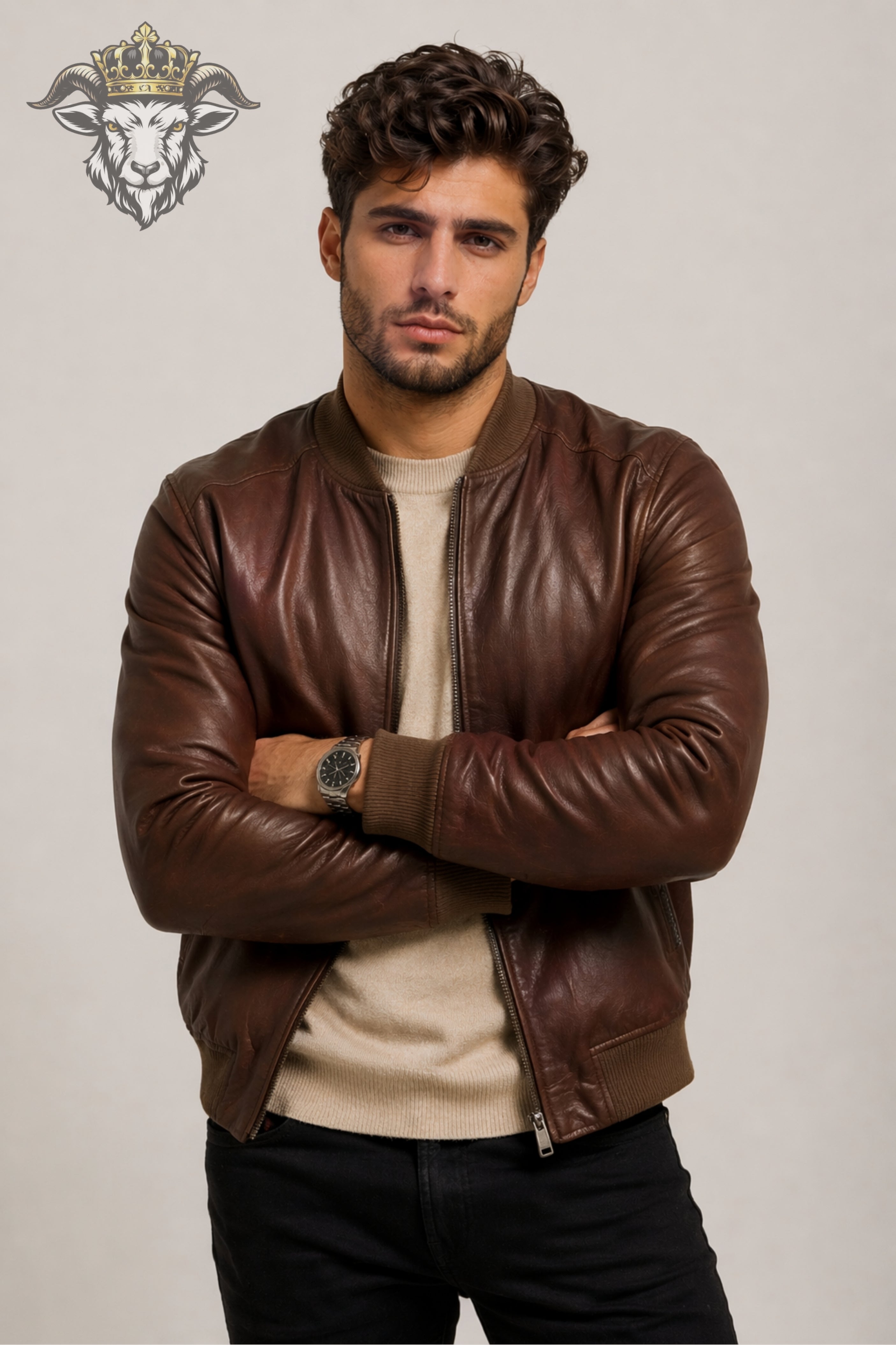 Men’s Brown Real Leather Bomber Jacket