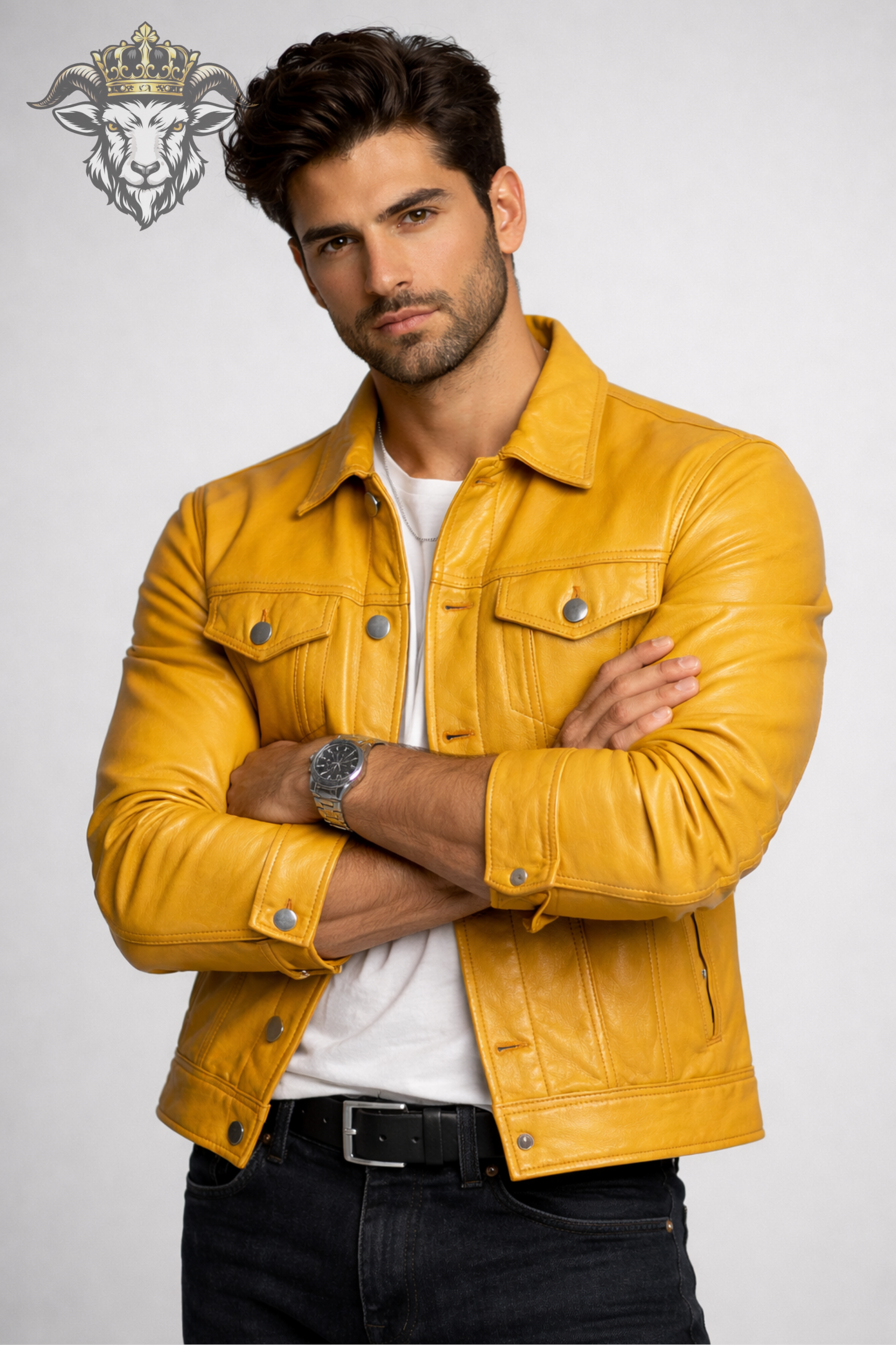 Men’s Yellow Real Leather Trucker Jacket