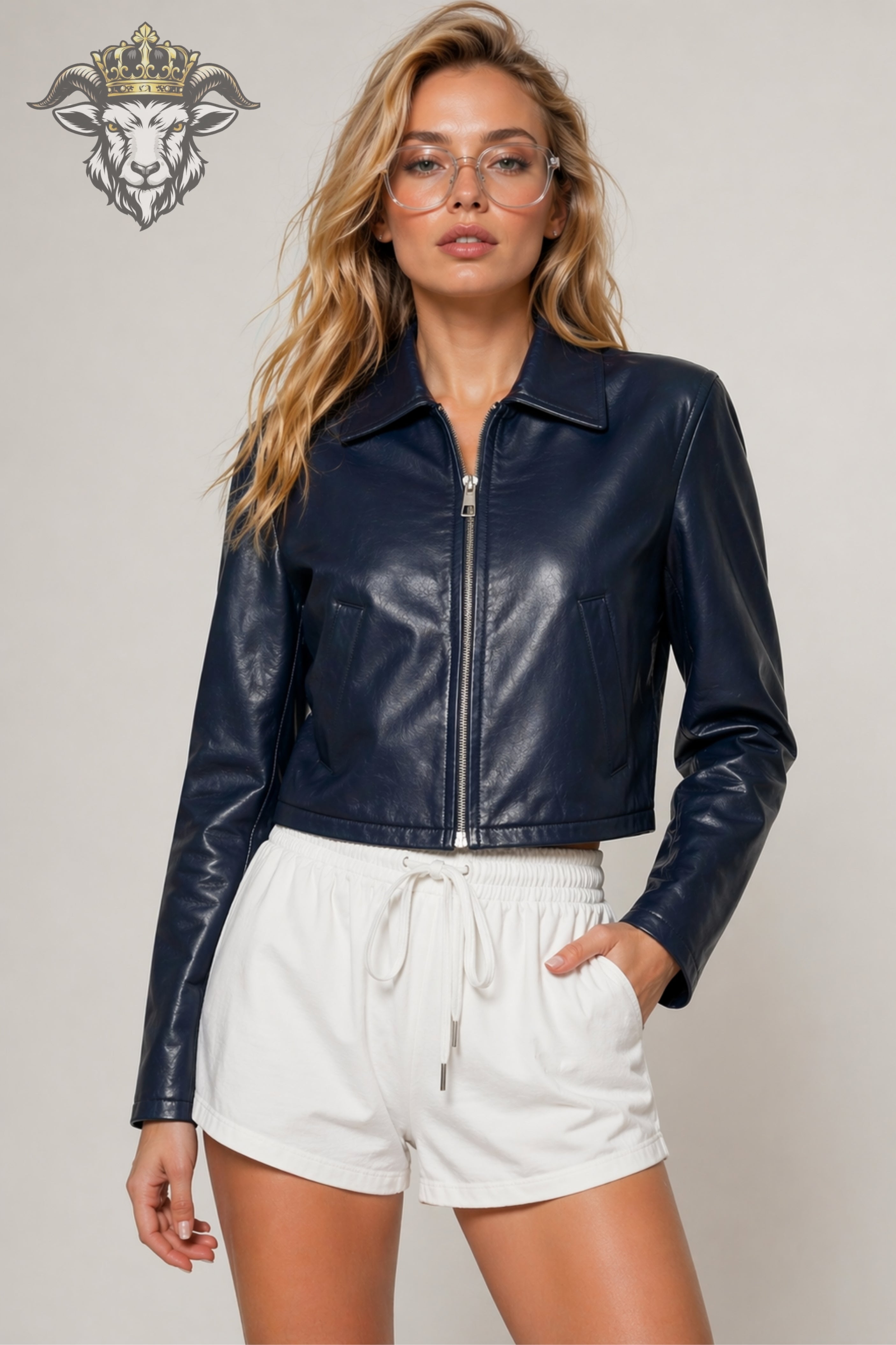 Women’s Navy Blue Real Leather Cropped Jacket