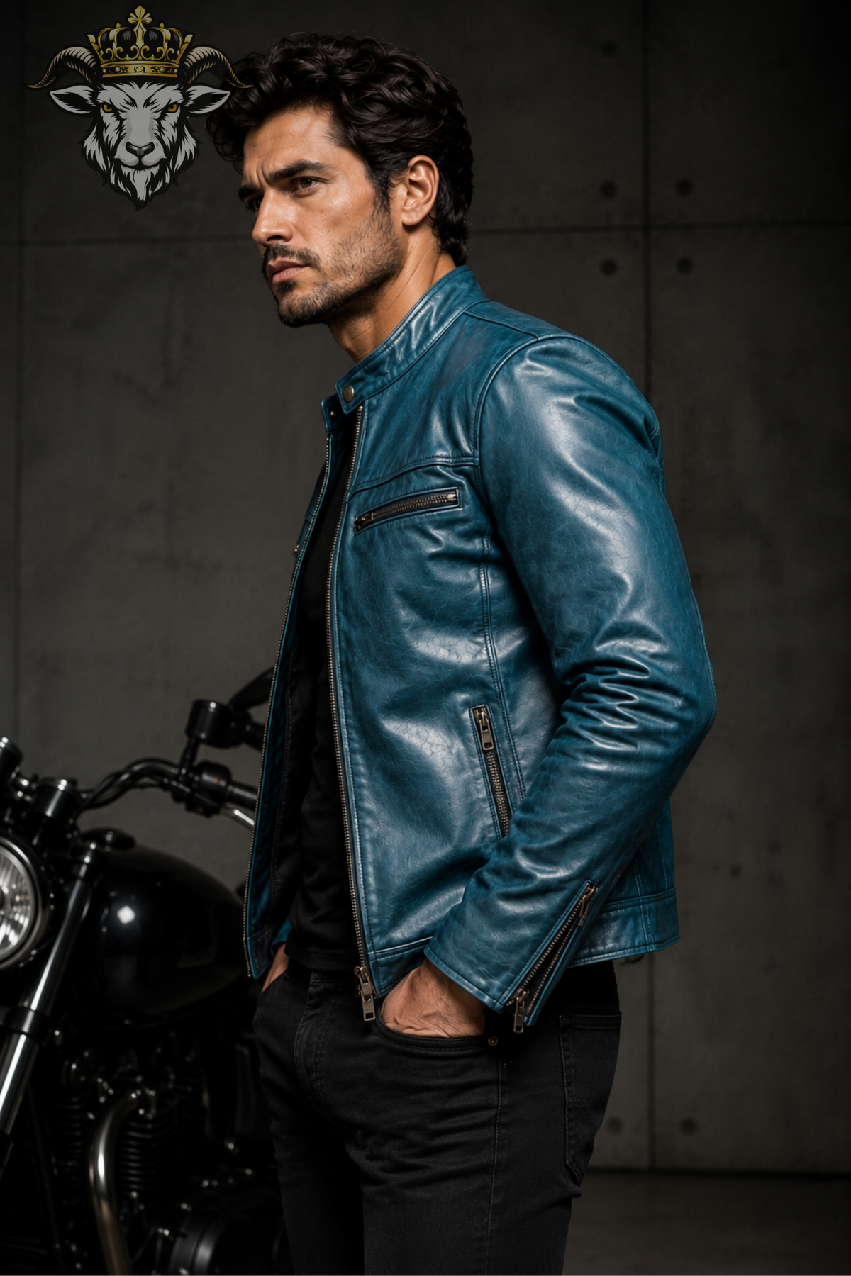 Men's Cyan Real Leather Biker Jacket – Slim Fit Motorcycle Jacket, Stand Collar Moto Jacket, Blue Leather Jacket for Men