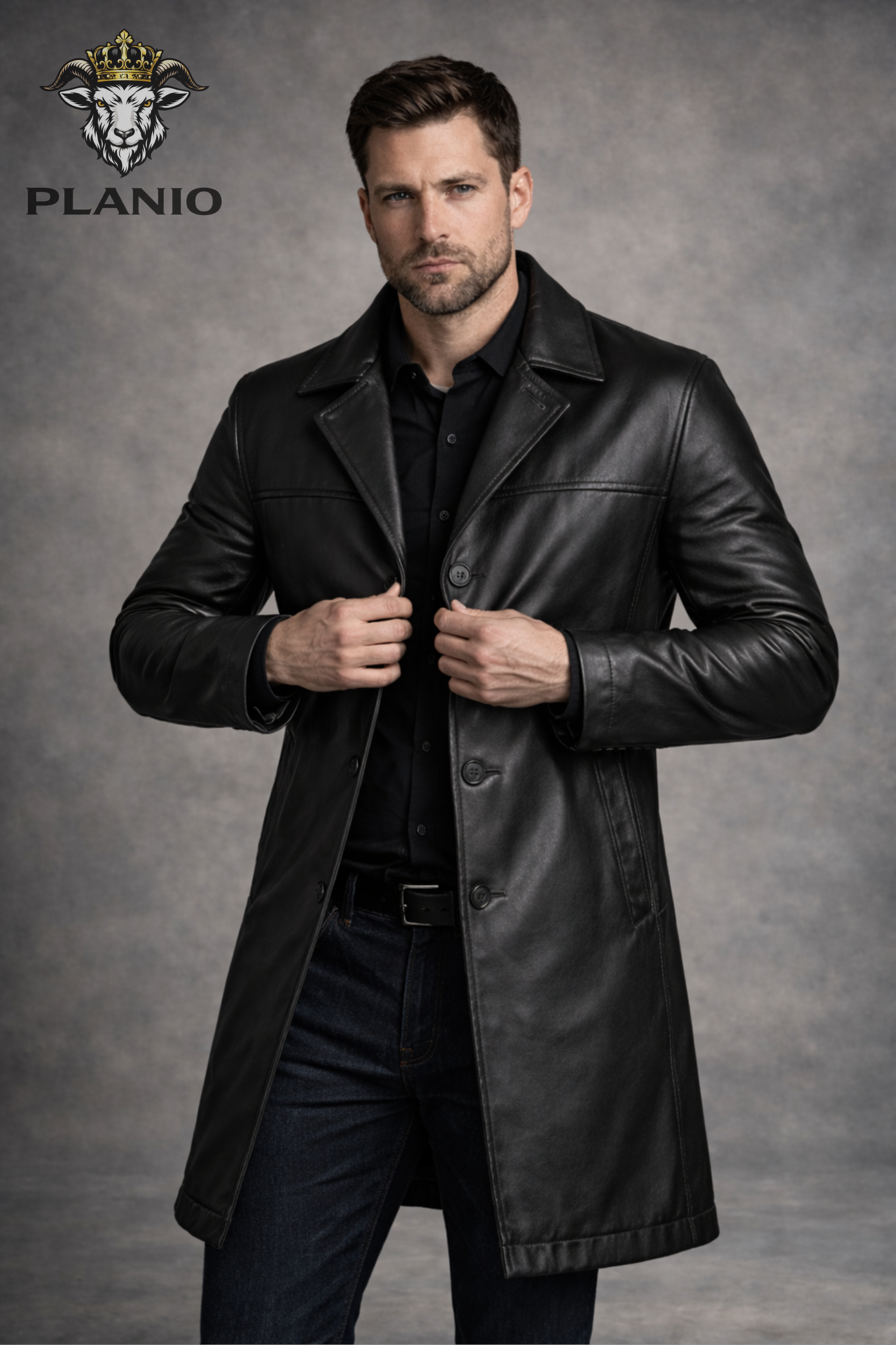 Men’s Black Real Leather Longcoat – Above Knee Button Front Leather Coat