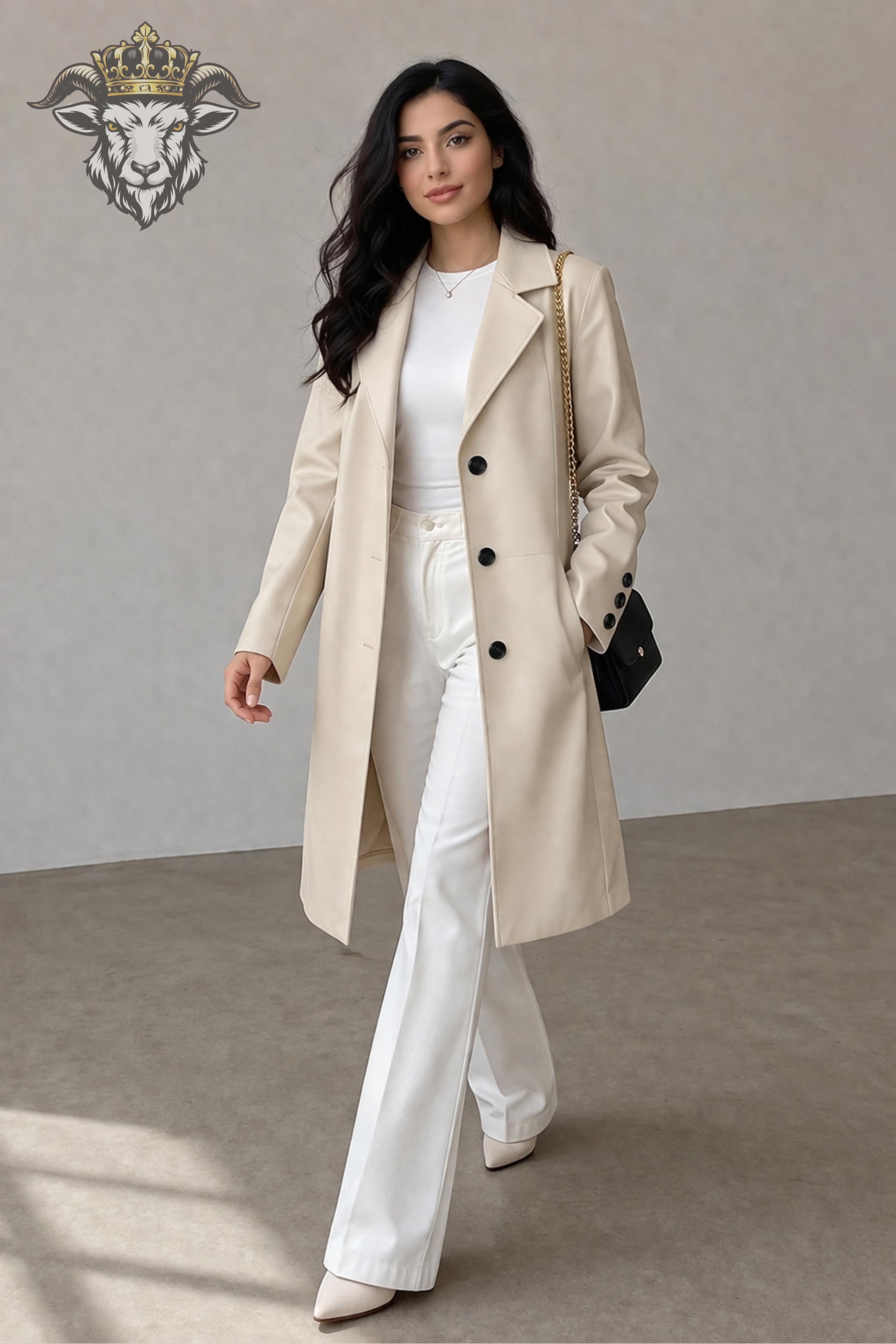 Women’s Cream Real Leather Mid-Length Coat