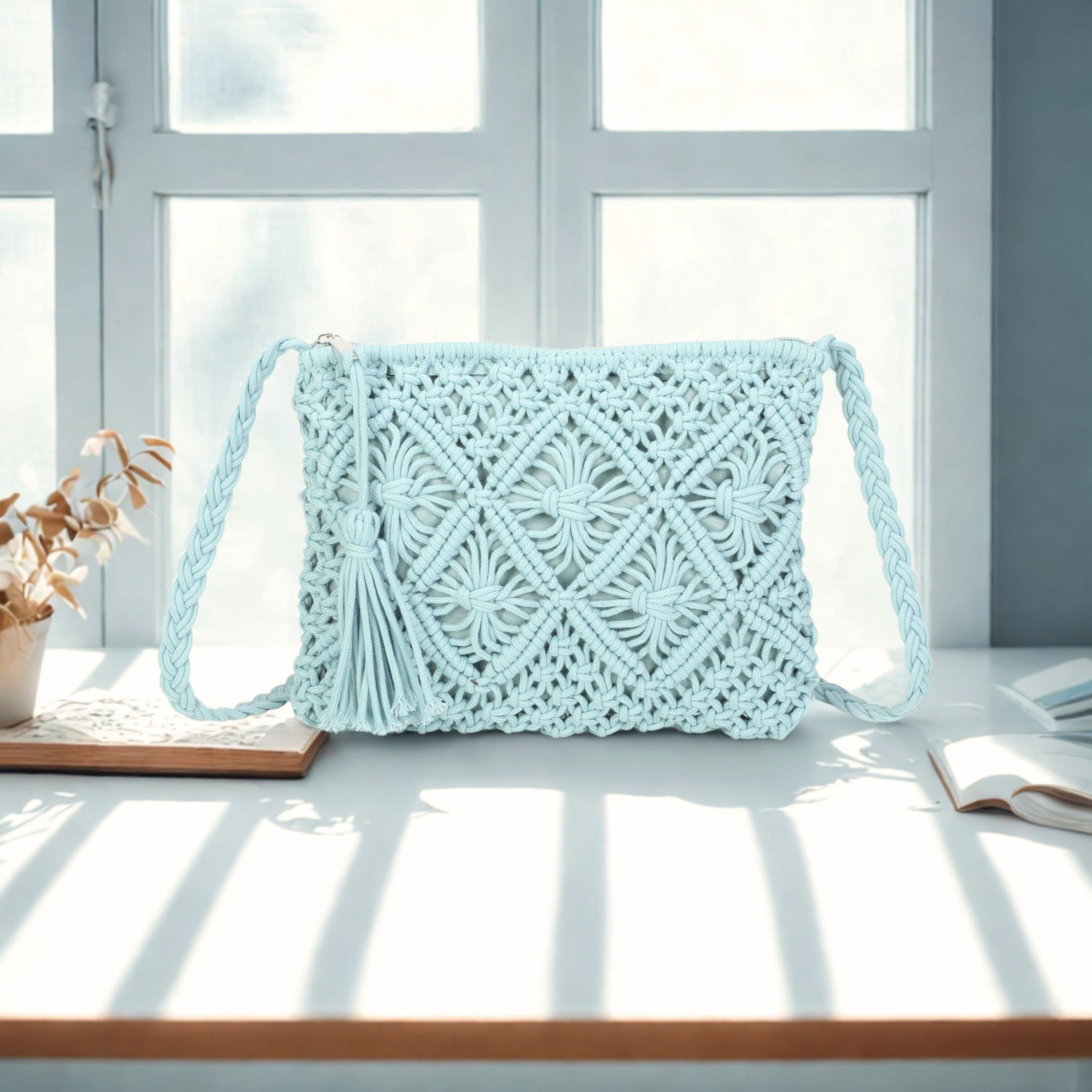 Women’s Knitted Crochet Crossbody Bag – Synthetic Top Zip Shoulder Bag with Long Strap