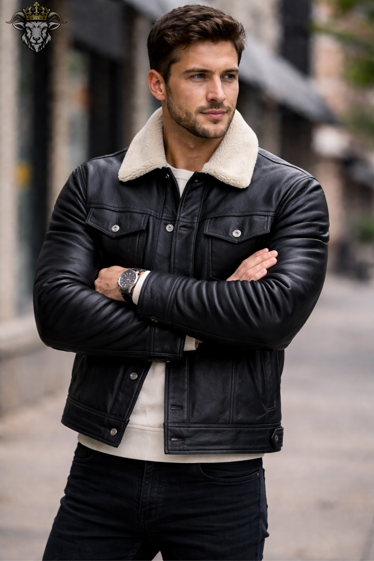 Men’s Black Sheepskin Leather Jacket, Shearling Collar Trucker Jacket, Real Leather Winter Coat, Button Front Biker Style Jacket