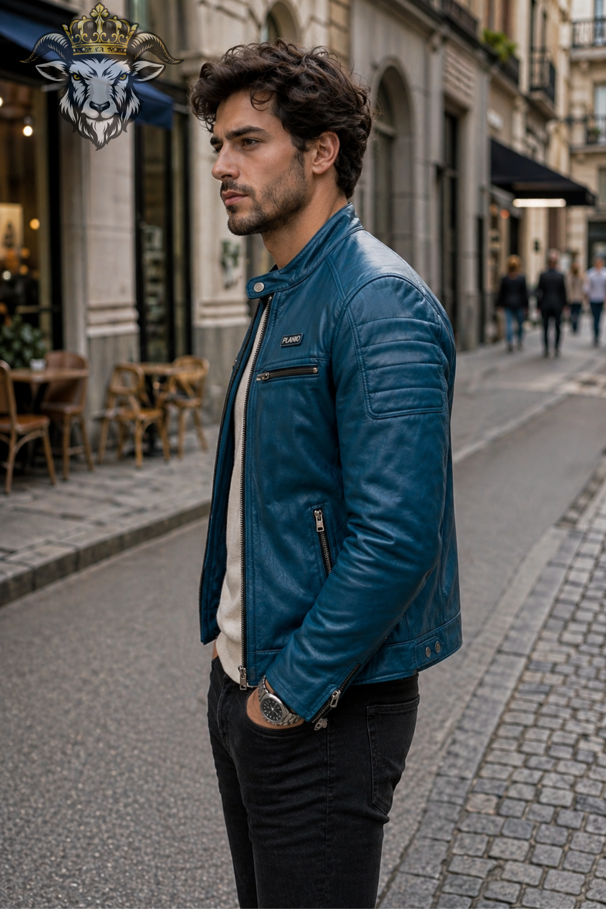 Men's cyan PLANIO real leather biker jacket with quilted shoulders and zipper pockets
