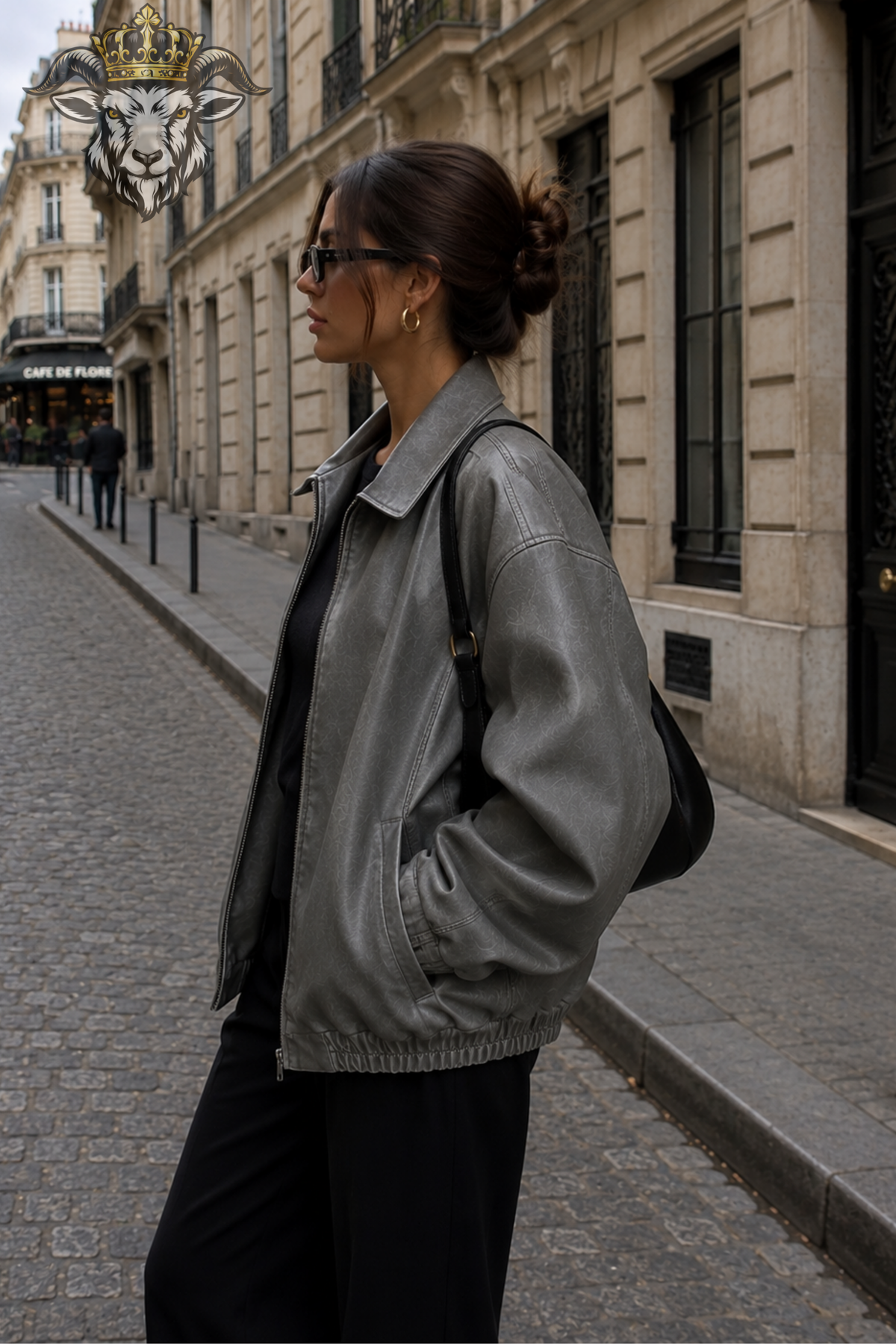 Women's Gray Leather Bomber Jacket, Oversized Washed Gray Zip Jacket, Vintage Streetwear Outerwear, Relaxed Fit Women's Jacket
