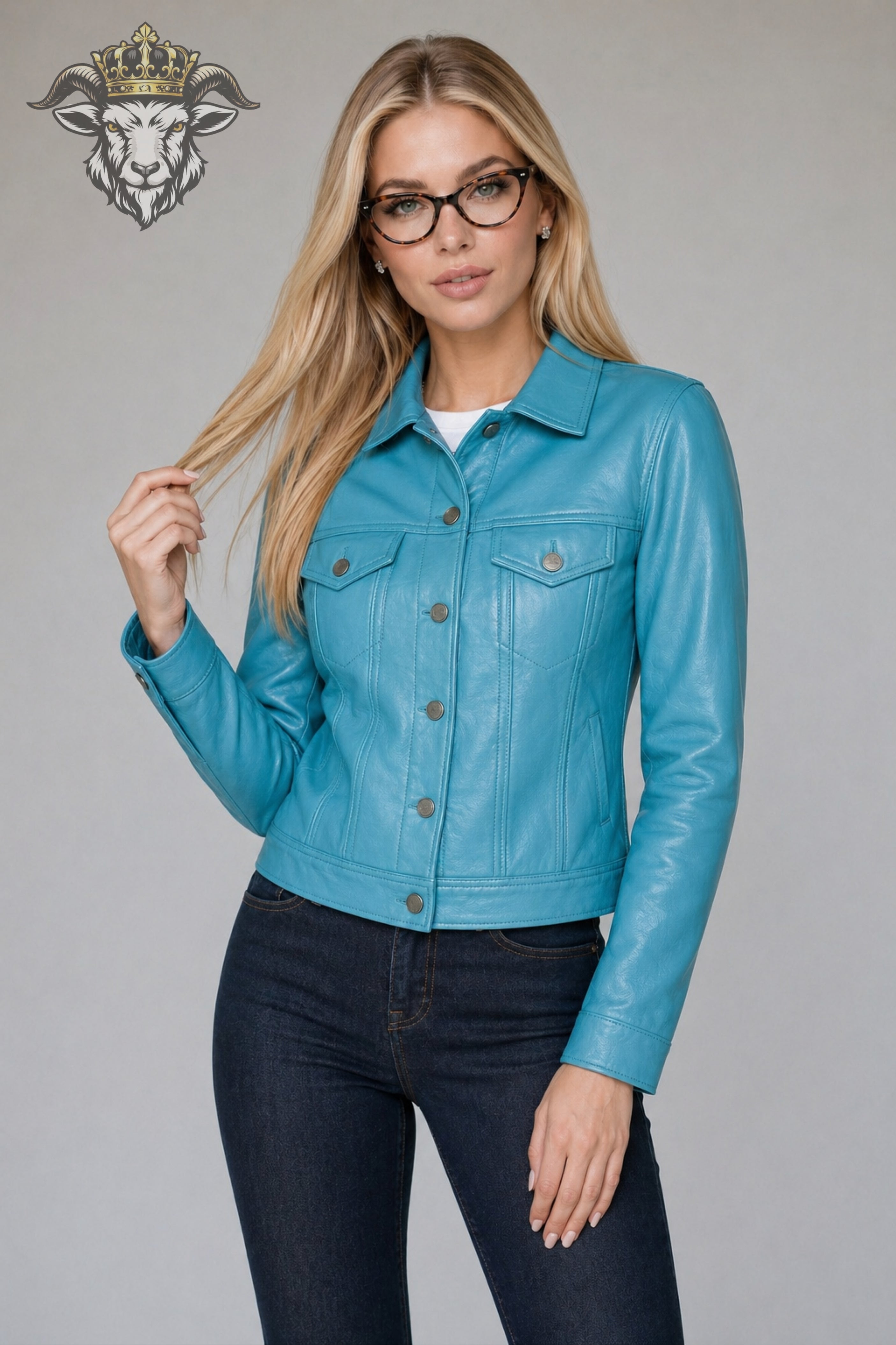 Women’s Cyan Real Leather Trucker Jacket