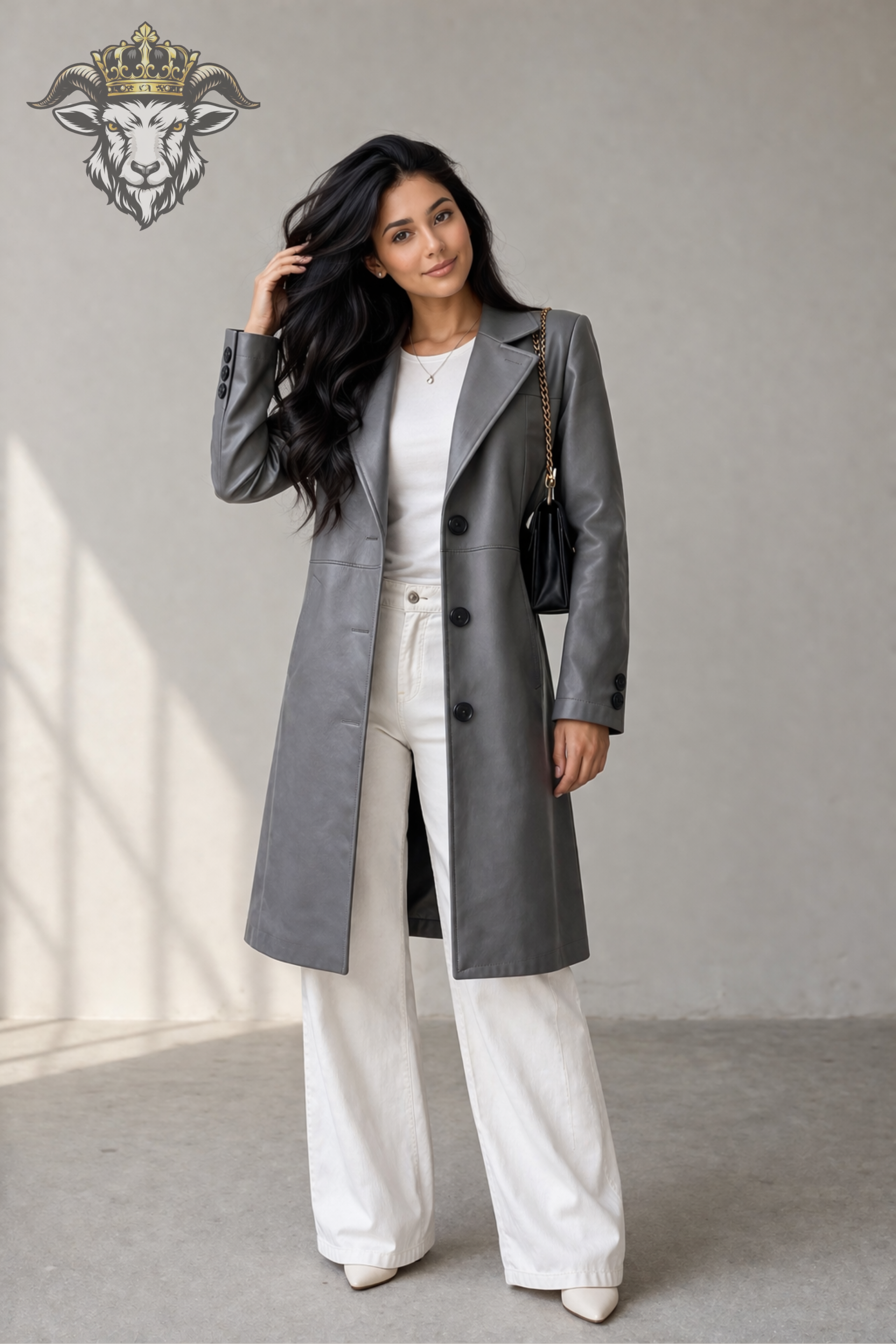 Women’s Grey Real Leather Knee-Length Coat