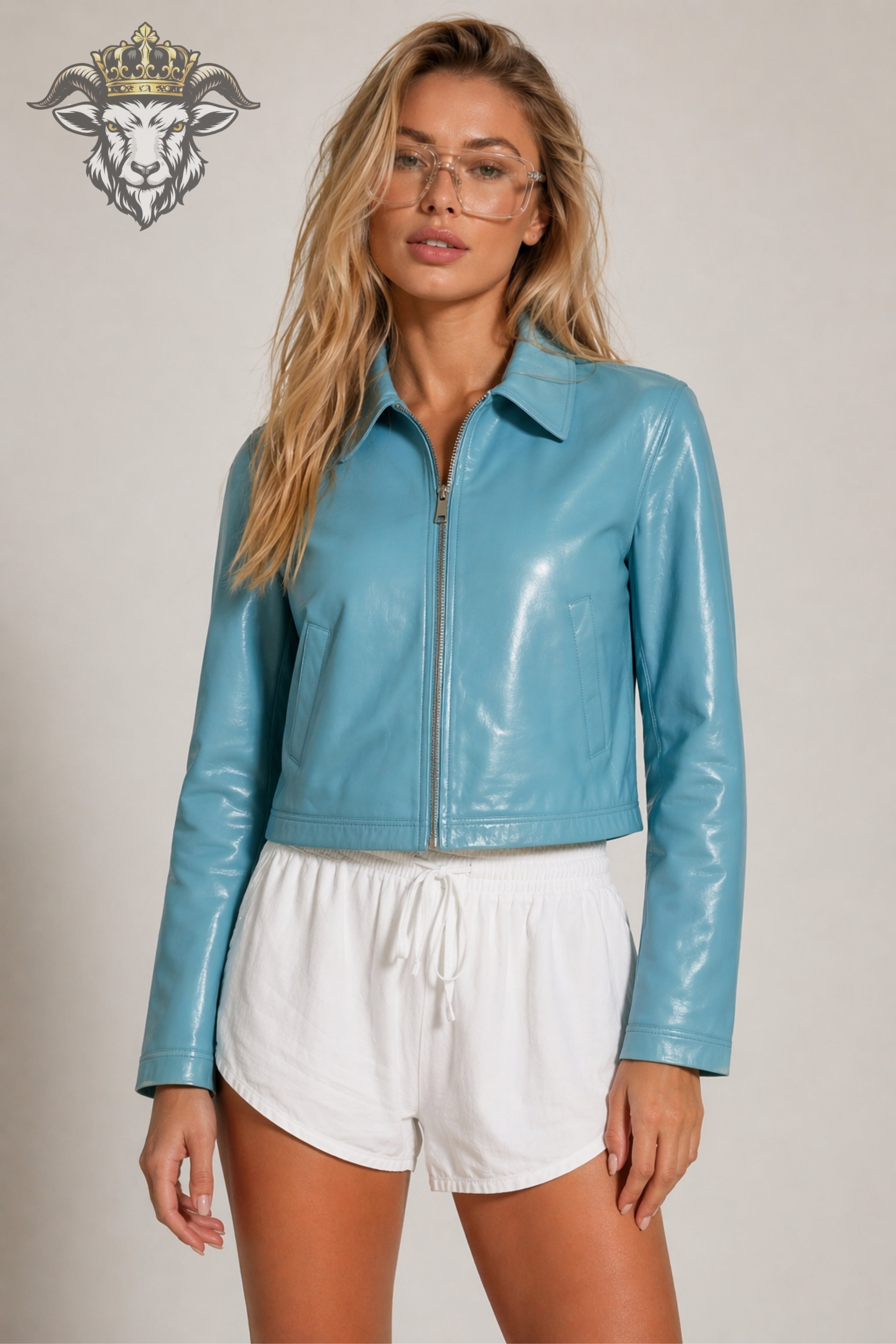 Women’s Cyan Real Leather Cropped Jacket